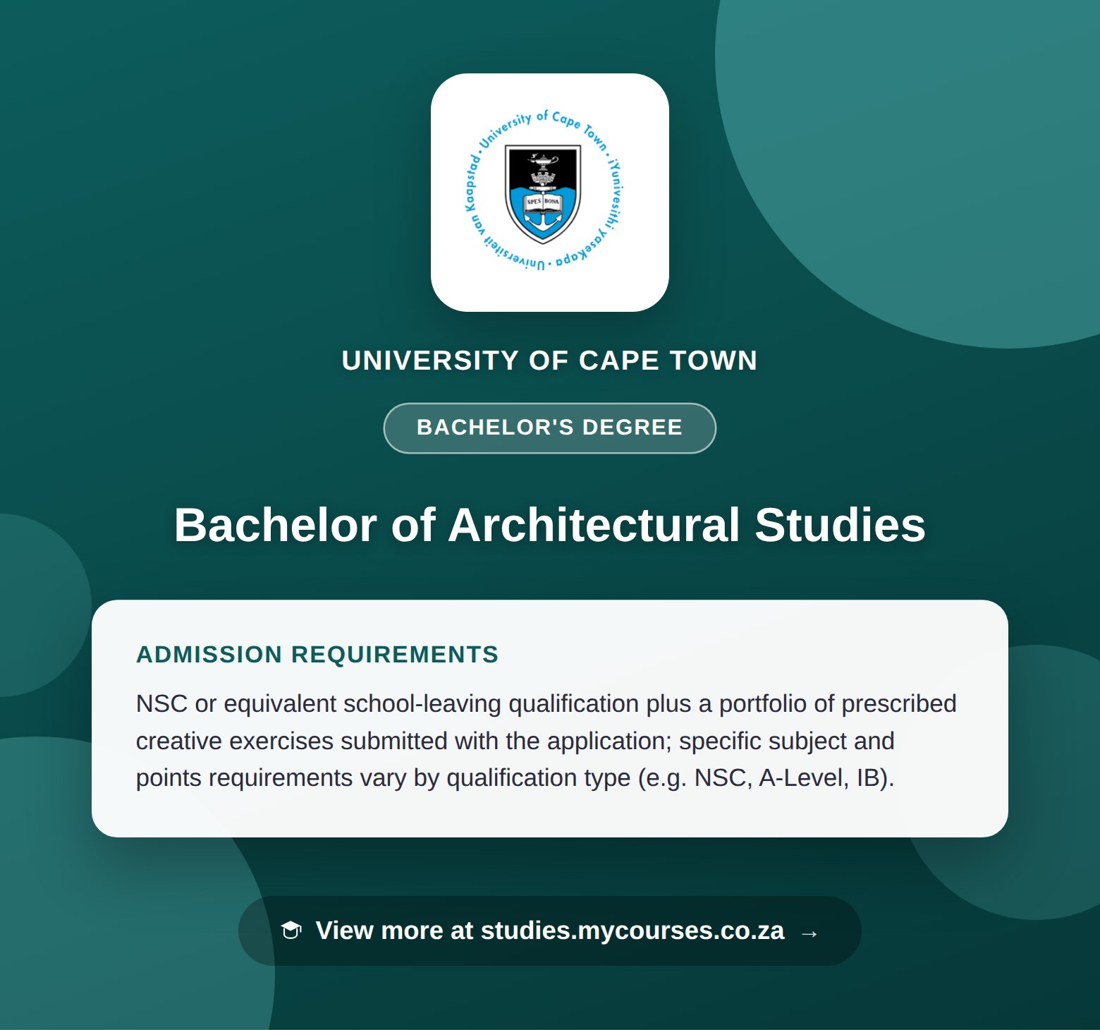 Poster showing admission requirements for the Bachelor of Architectural Studies bachelor's degree at University of Cape Town, with a link to studies.mycourses.co.za