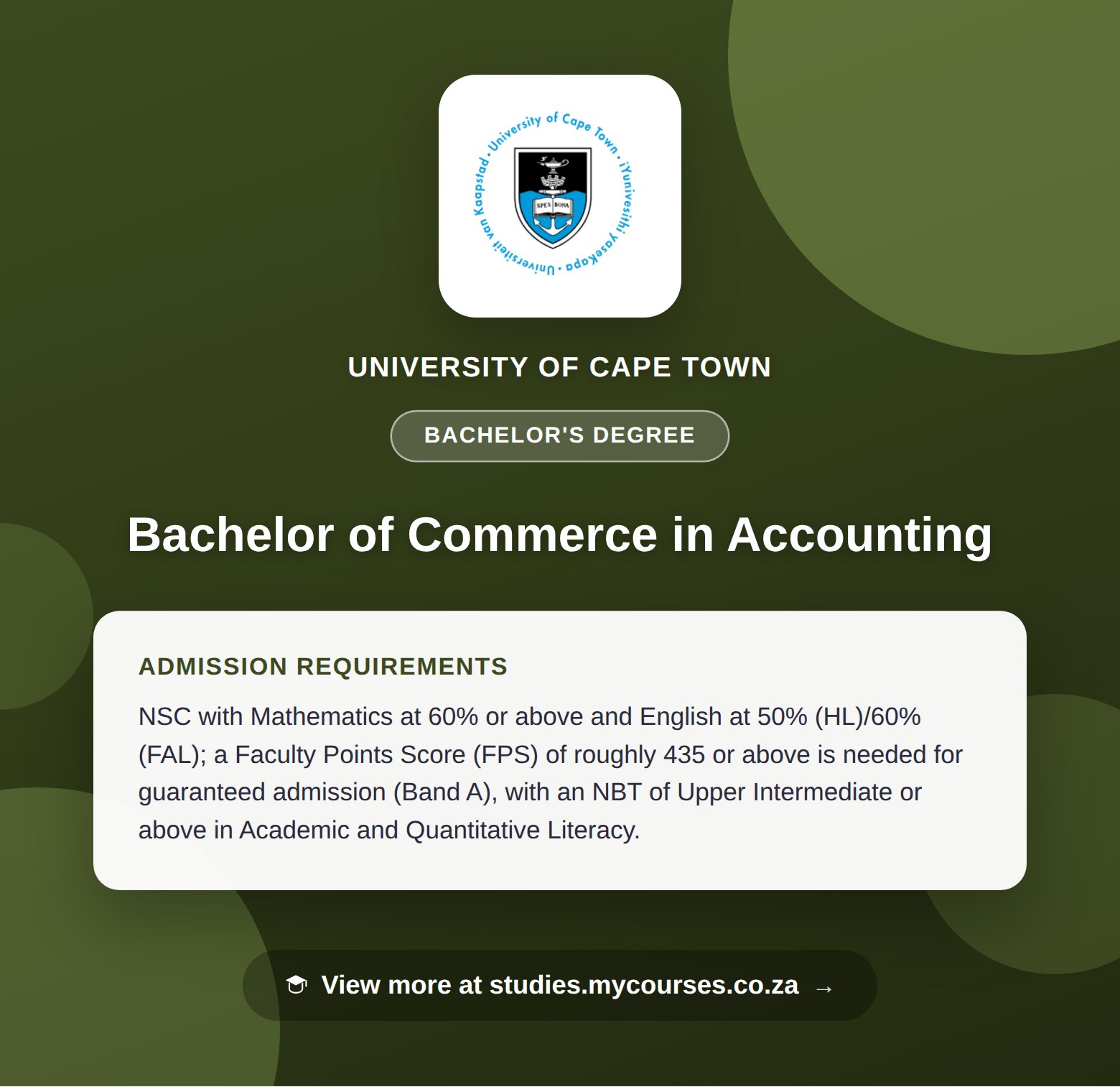 Poster showing admission requirements for the Bachelor of Commerce in Accounting bachelor's degree at University of Cape Town, with a link to studies.mycourses.co.za