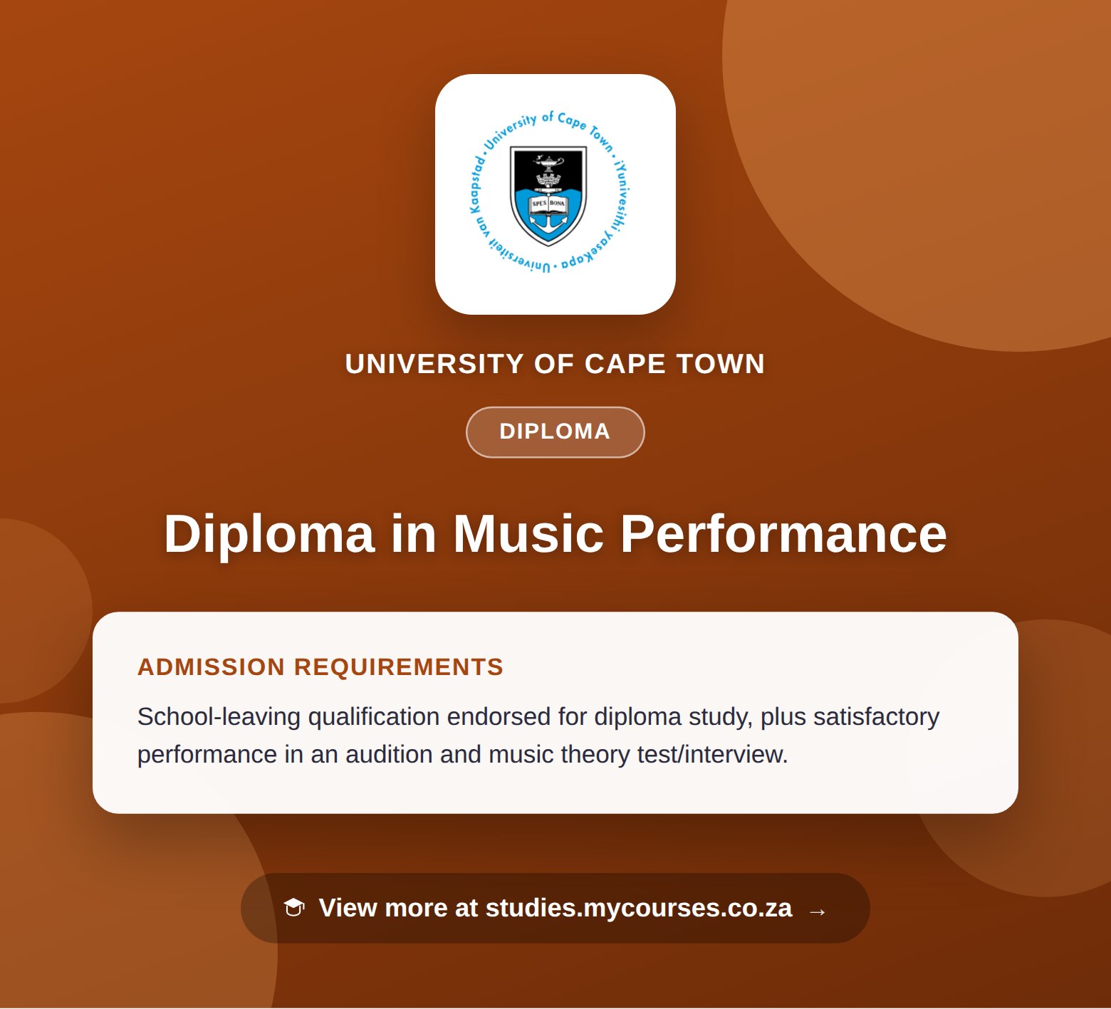 Poster showing admission requirements for the Diploma in Music Performance diploma at University of Cape Town, with a link to studies.mycourses.co.za