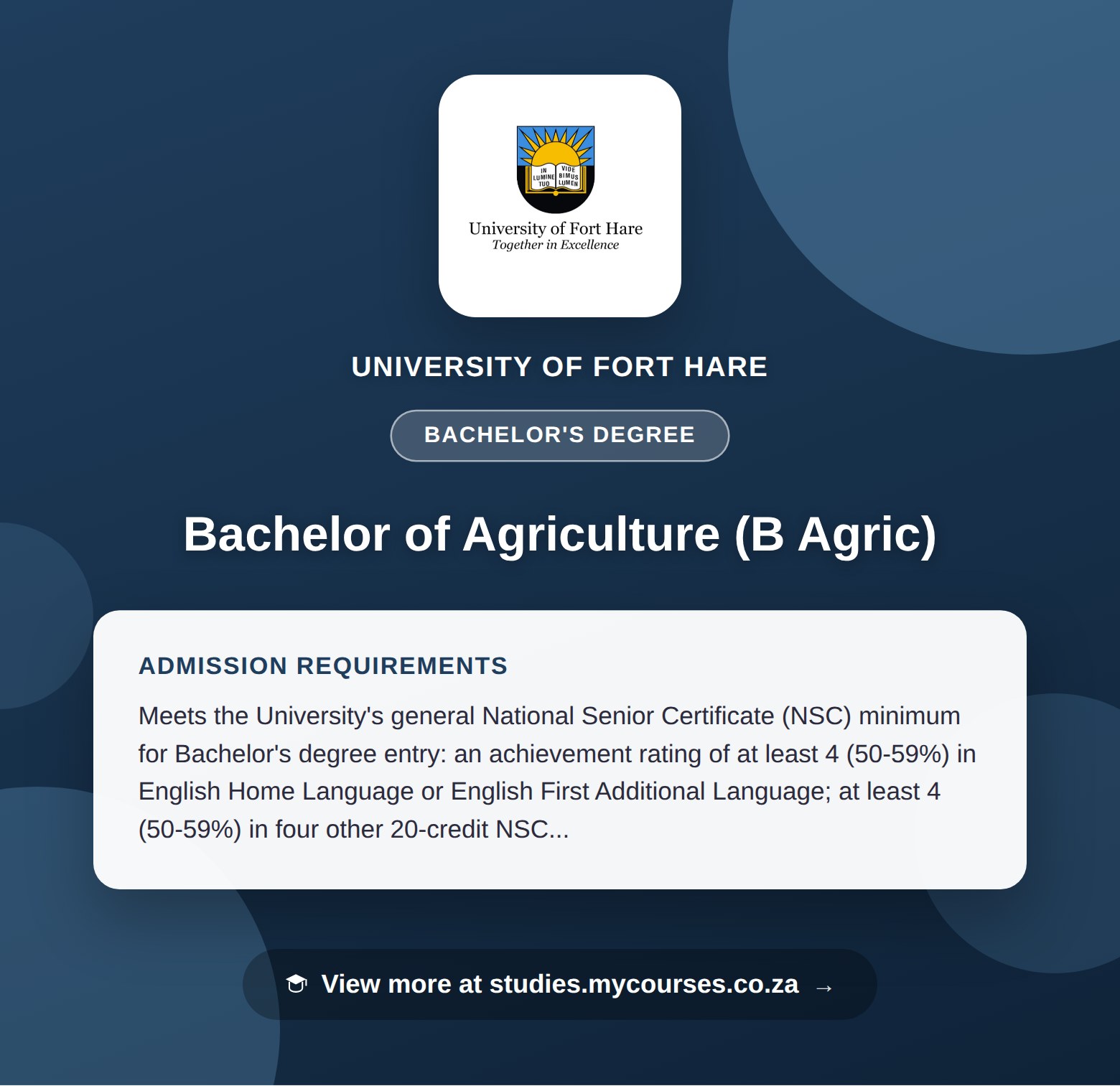 Poster showing admission requirements for the Bachelor of Agriculture (B Agric) bachelor's degree at University of Fort Hare, with a link to studies.mycourses.co.za