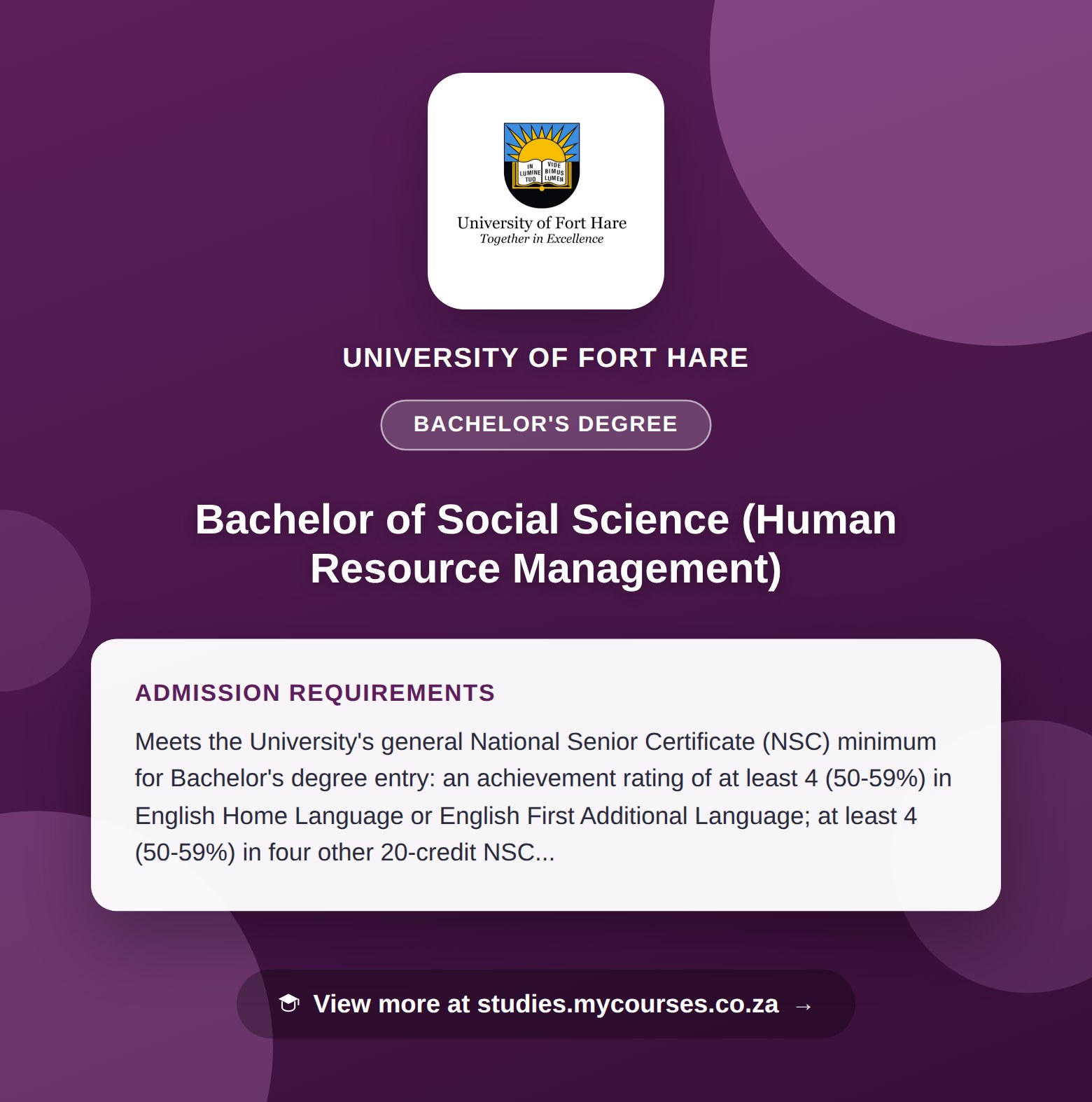 Poster showing admission requirements for the Bachelor of Social Science (Human Resource Management) bachelor's degree at University of Fort Hare, with a link to studies.mycourses.co.za