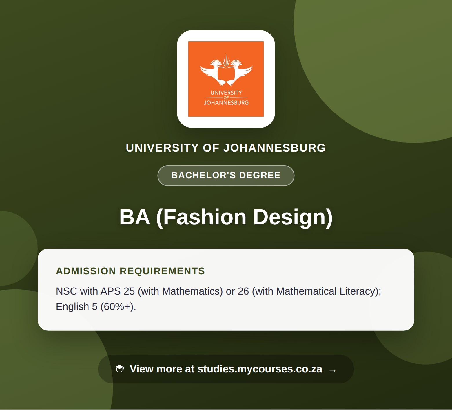 Poster showing admission requirements for the BA (Fashion Design) bachelor's degree at University of Johannesburg, with a link to studies.mycourses.co.za