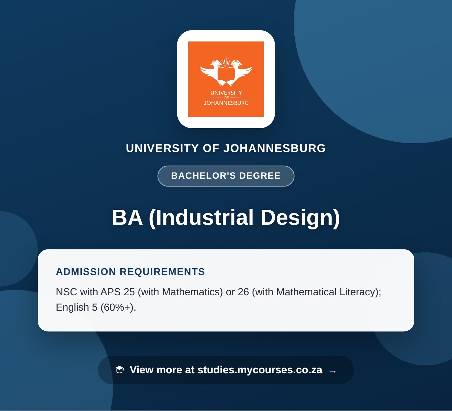 Poster showing admission requirements for the BA (Industrial Design) bachelor's degree at University of Johannesburg, with a link to studies.mycourses.co.za