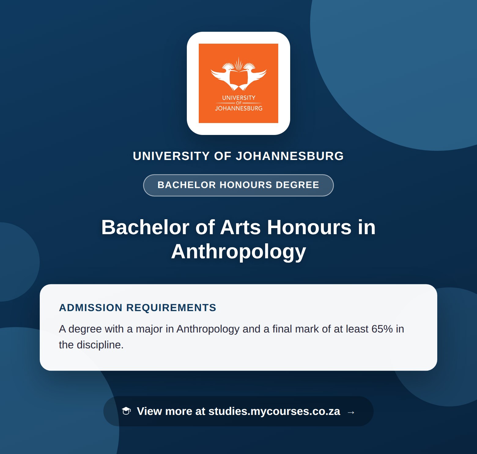 Poster showing admission requirements for the Bachelor of Arts Honours in Anthropology bachelor honours degree at University of Johannesburg, with a link to studies.mycourses.co.za