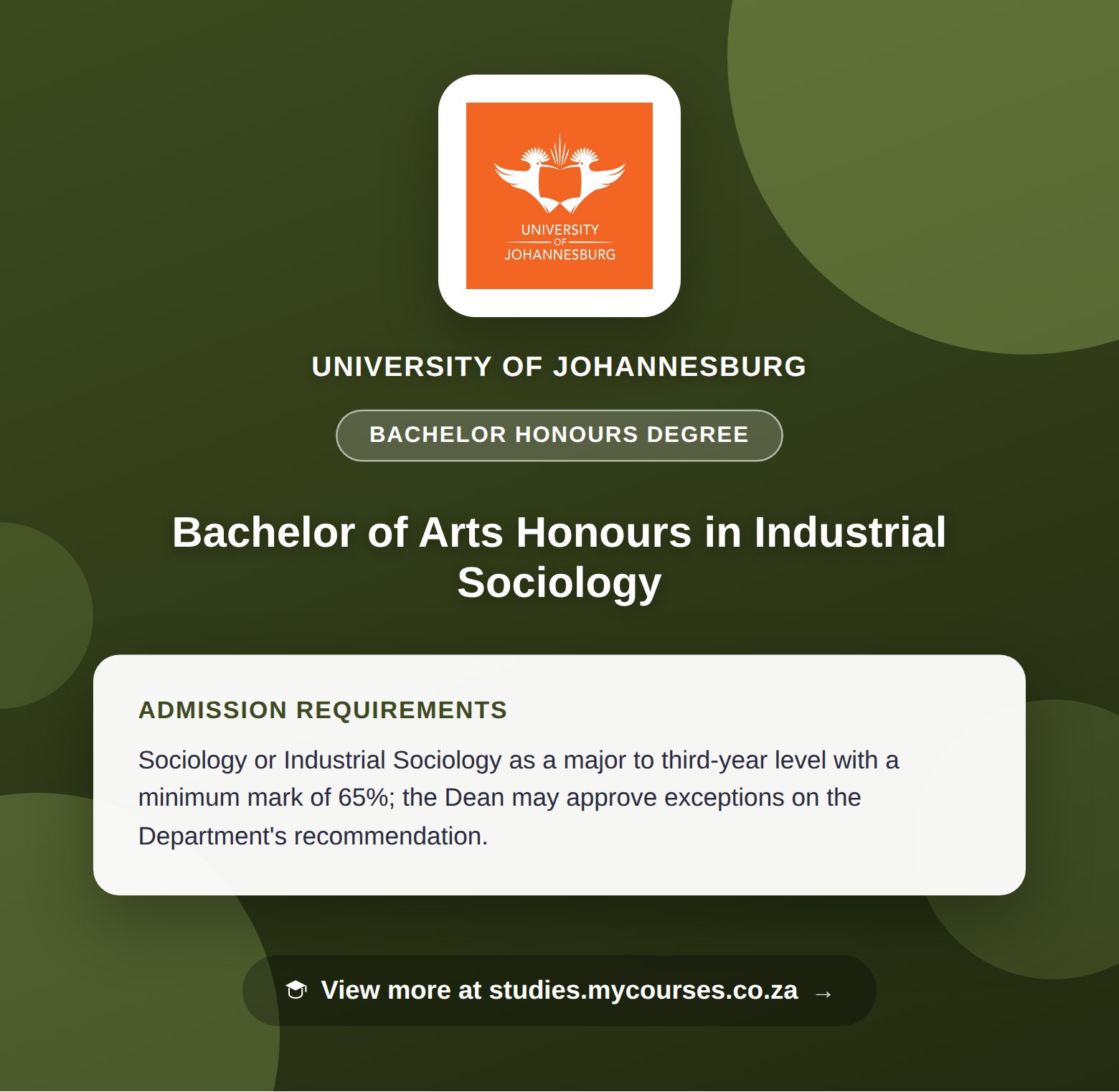 Poster showing admission requirements for the Bachelor of Arts Honours in Industrial Sociology bachelor honours degree at University of Johannesburg, with a link to studies.mycourses.co.za