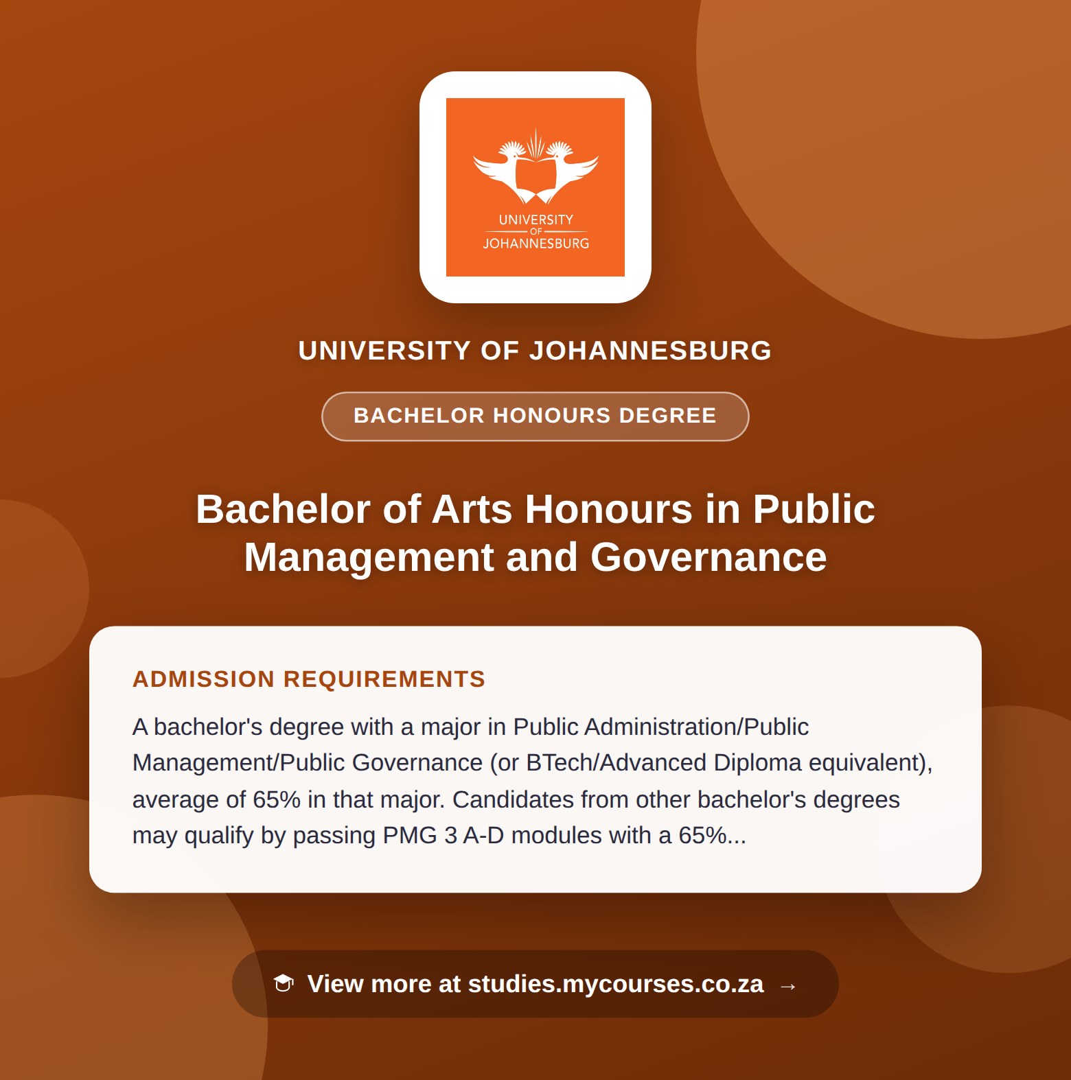 Poster showing admission requirements for the Bachelor of Arts Honours in Public Management and Governance bachelor honours degree at University of Johannesburg, with a link to studies.mycourses.co.za