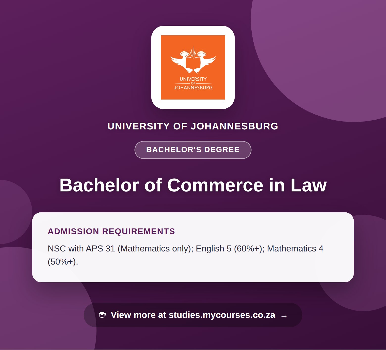 Poster showing admission requirements for the Bachelor of Commerce in Law bachelor's degree at University of Johannesburg, with a link to studies.mycourses.co.za