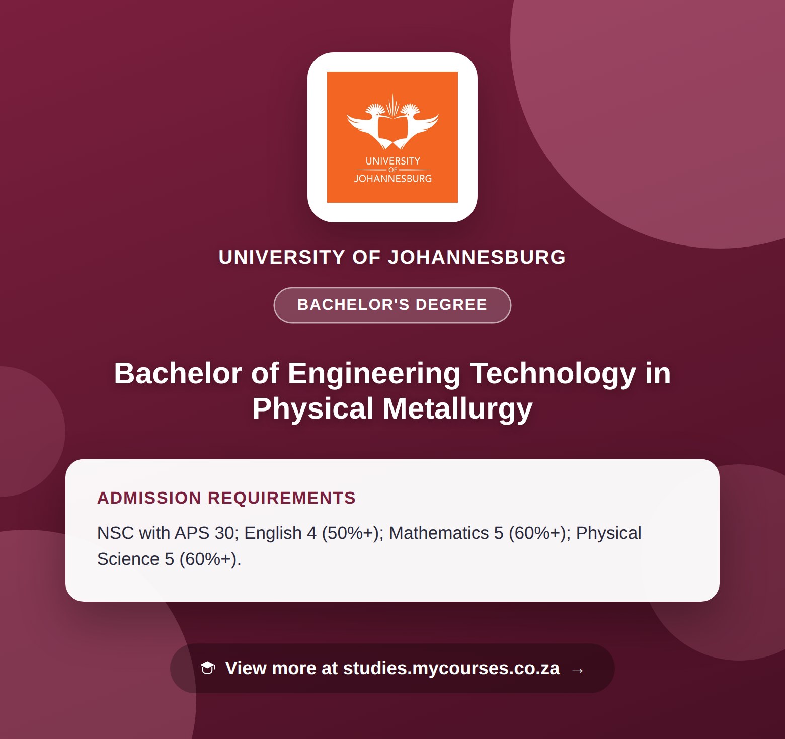 Poster showing admission requirements for the Bachelor of Engineering Technology in Physical Metallurgy bachelor's degree at University of Johannesburg, with a link to studies.mycourses.co.za