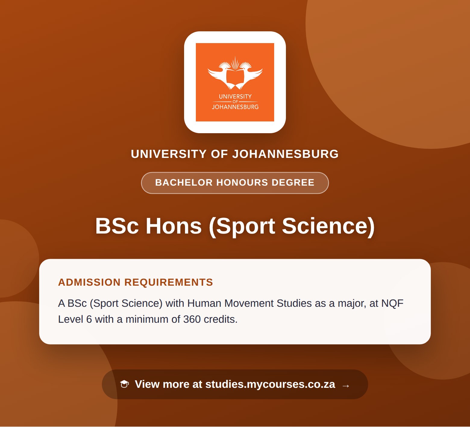 Poster showing admission requirements for the BSc Hons (Sport Science) bachelor honours degree at University of Johannesburg, with a link to studies.mycourses.co.za