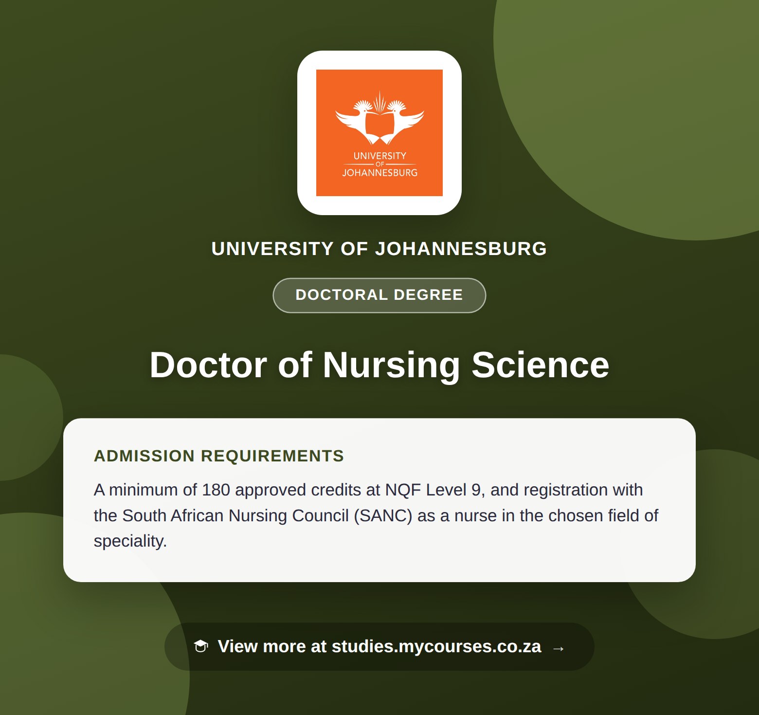 Poster showing admission requirements for the Doctor of Nursing Science doctoral degree at University of Johannesburg, with a link to studies.mycourses.co.za