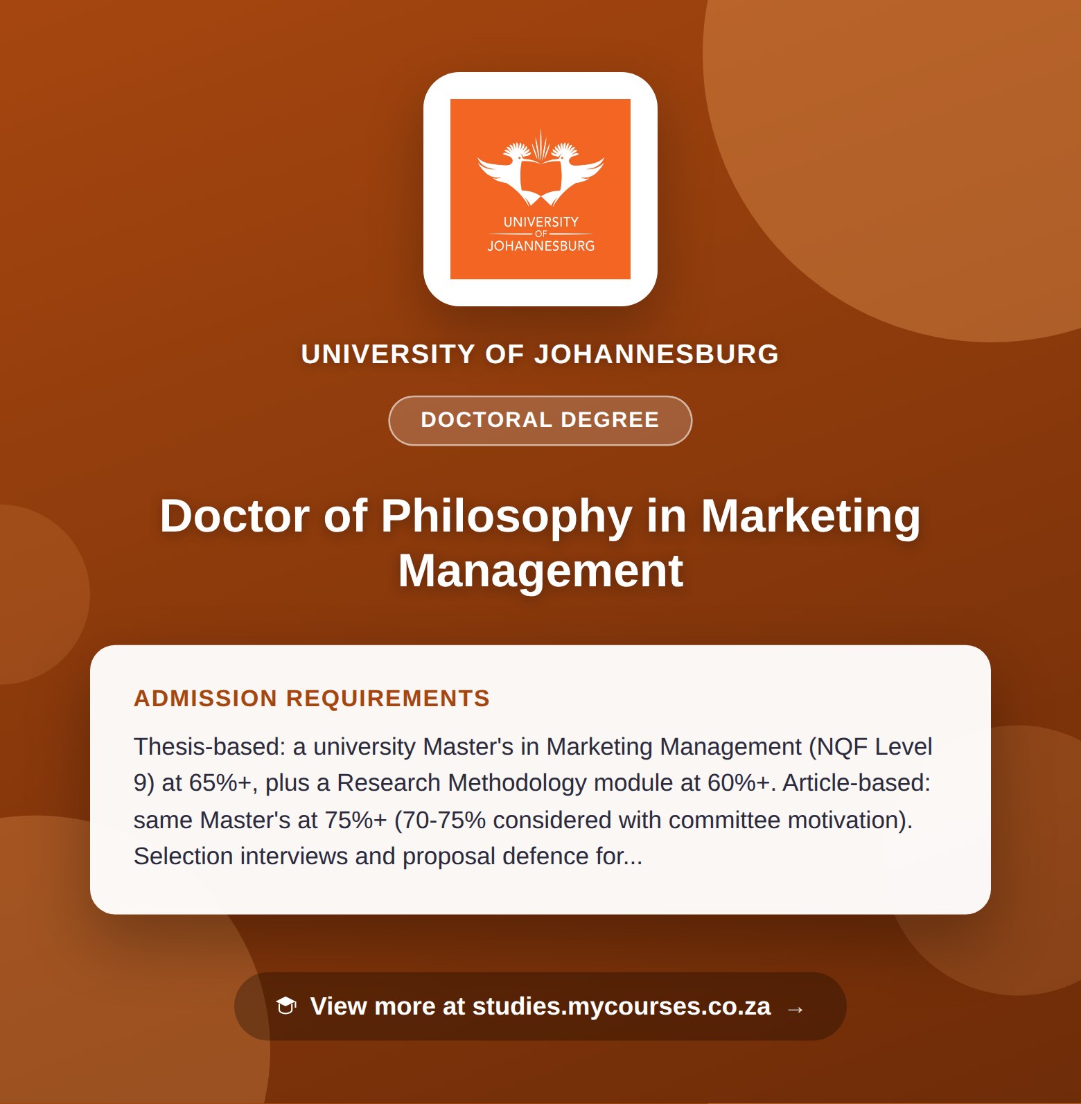 Poster showing admission requirements for the Doctor of Philosophy in Marketing Management doctoral degree at University of Johannesburg, with a link to studies.mycourses.co.za