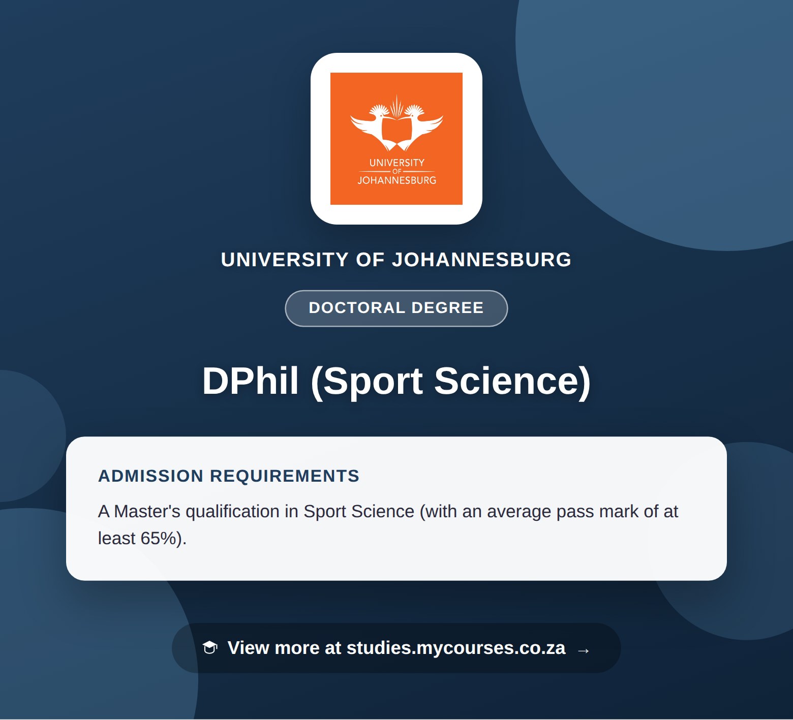 Poster showing admission requirements for the DPhil (Sport Science) doctoral degree at University of Johannesburg, with a link to studies.mycourses.co.za