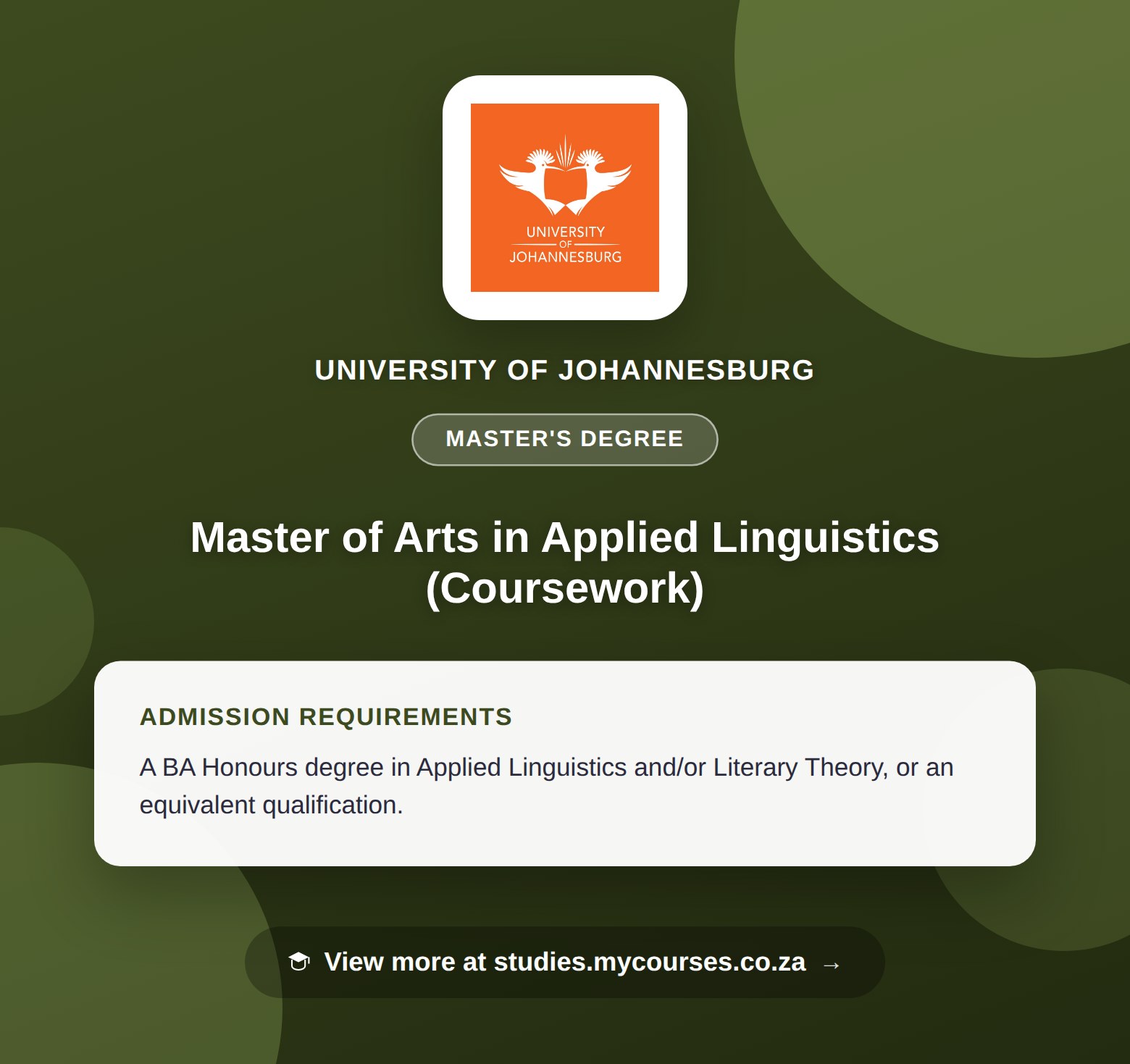 Poster showing admission requirements for the Master of Arts in Applied Linguistics (Coursework) master's degree at University of Johannesburg, with a link to studies.mycourses.co.za