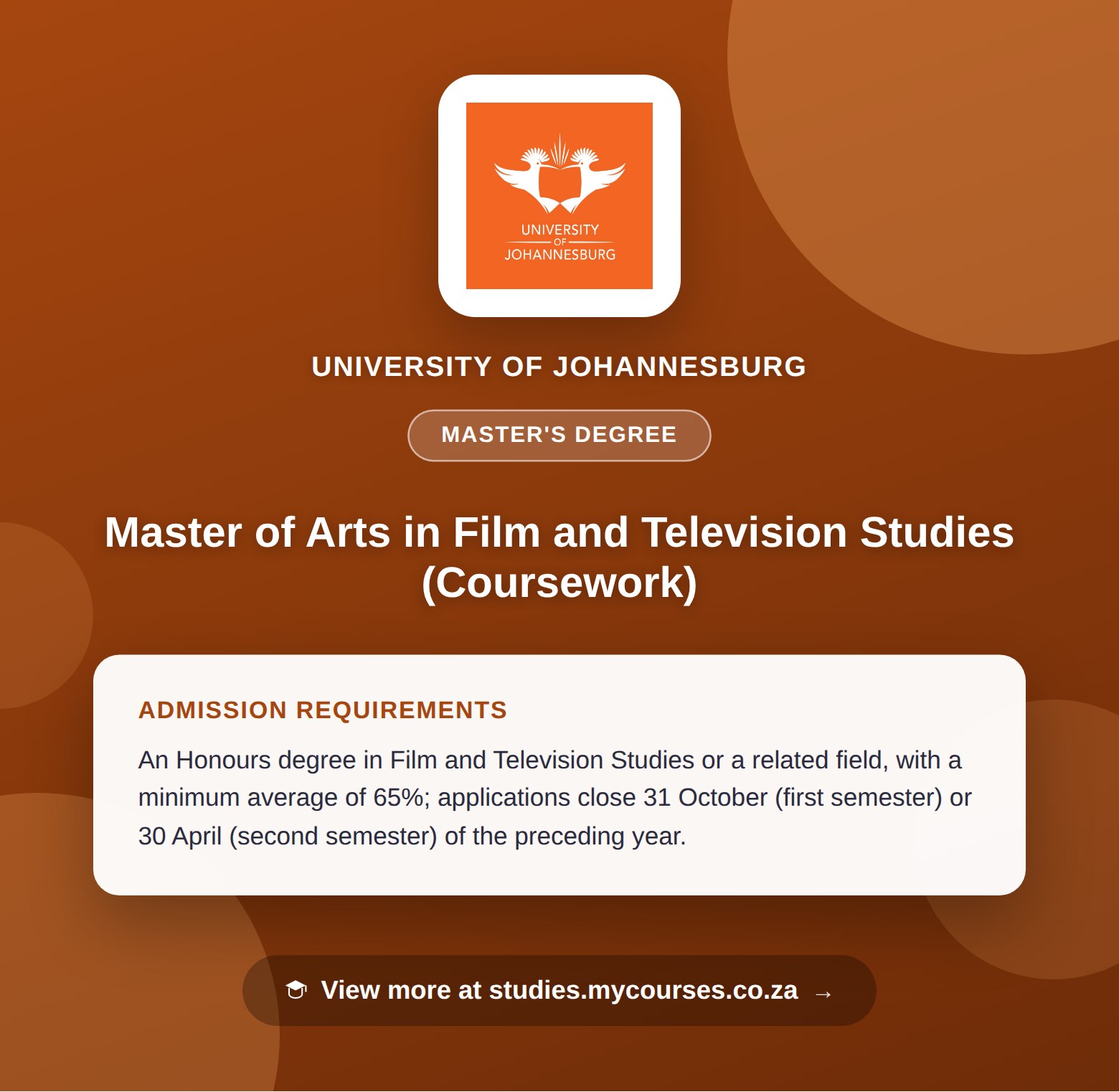 Poster showing admission requirements for the Master of Arts in Film and Television Studies (Coursework) master's degree at University of Johannesburg, with a link to studies.mycourses.co.za