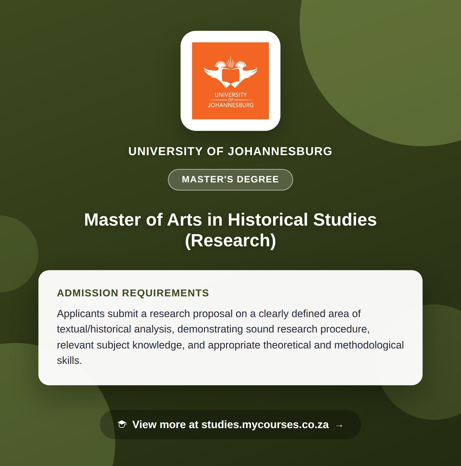 Poster showing admission requirements for the Master of Arts in Historical Studies (Research) master's degree at University of Johannesburg, with a link to studies.mycourses.co.za