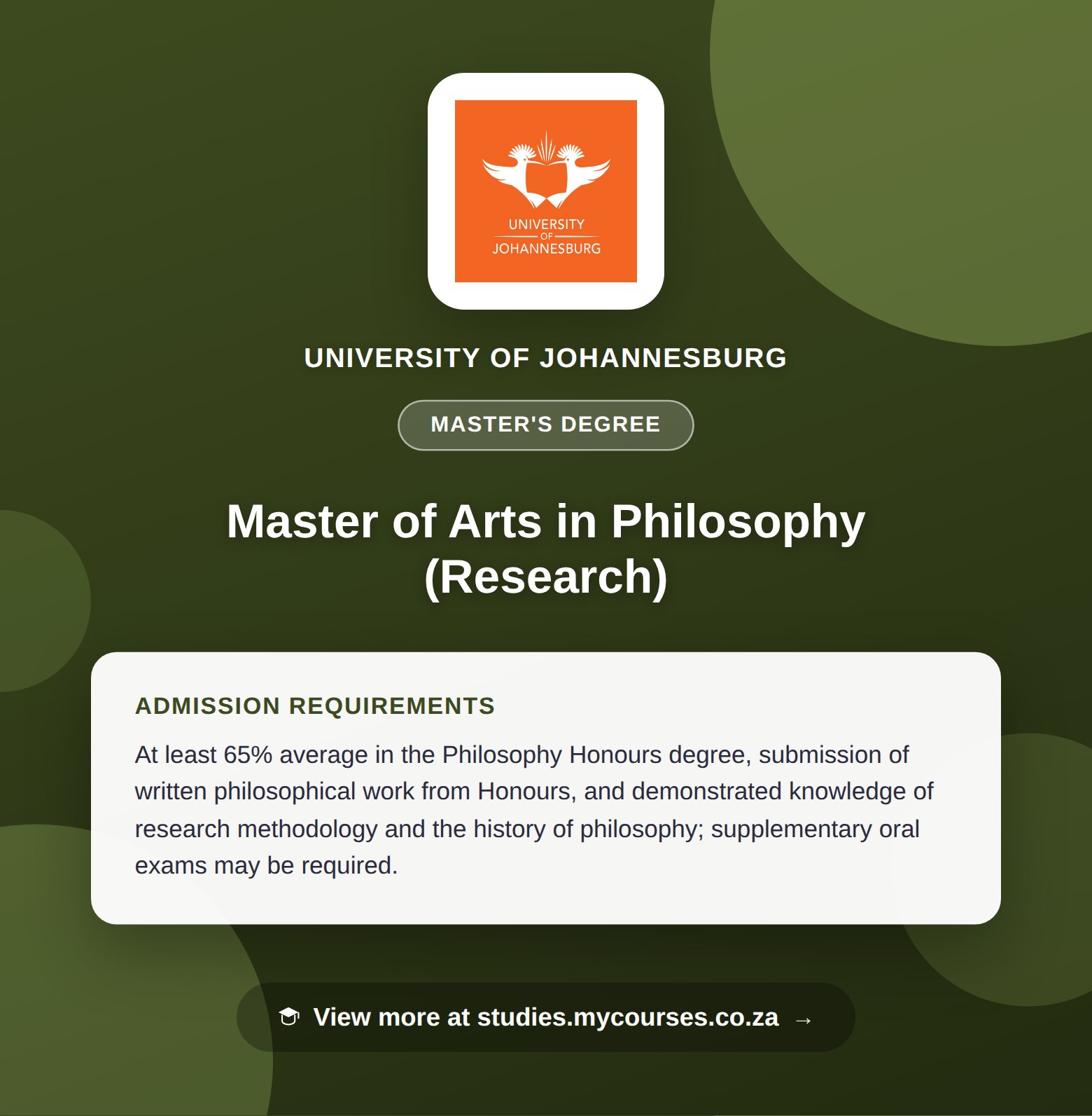 Poster showing admission requirements for the Master of Arts in Philosophy (Research) master's degree at University of Johannesburg, with a link to studies.mycourses.co.za