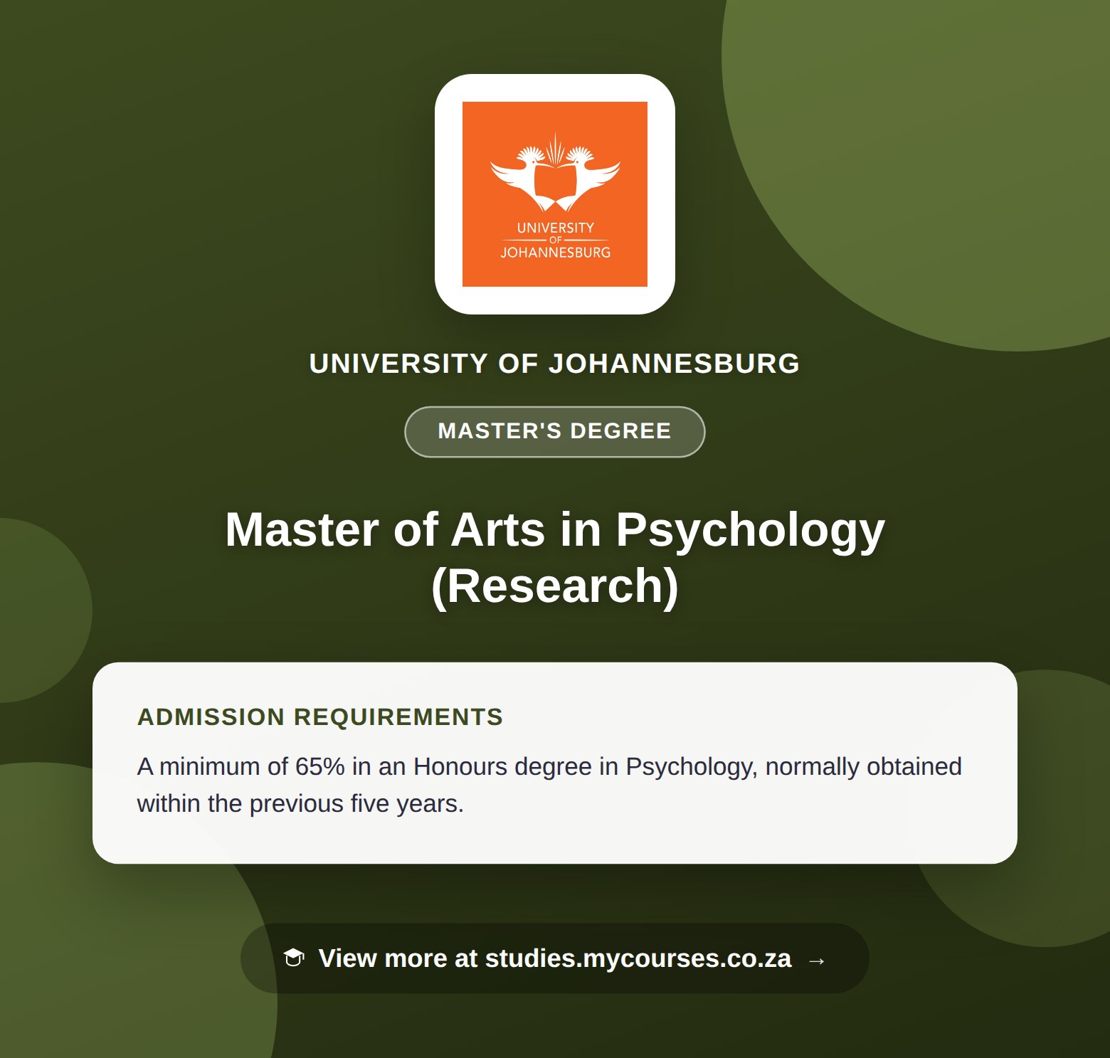 Poster showing admission requirements for the Master of Arts in Psychology (Research) master's degree at University of Johannesburg, with a link to studies.mycourses.co.za