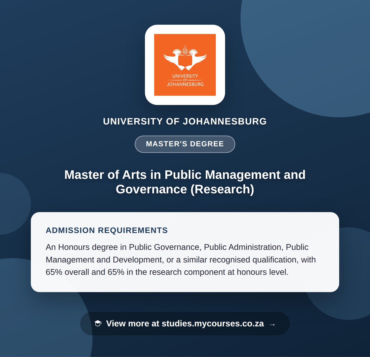 Poster showing admission requirements for the Master of Arts in Public Management and Governance (Research) master's degree at University of Johannesburg, with a link to studies.mycourses.co.za