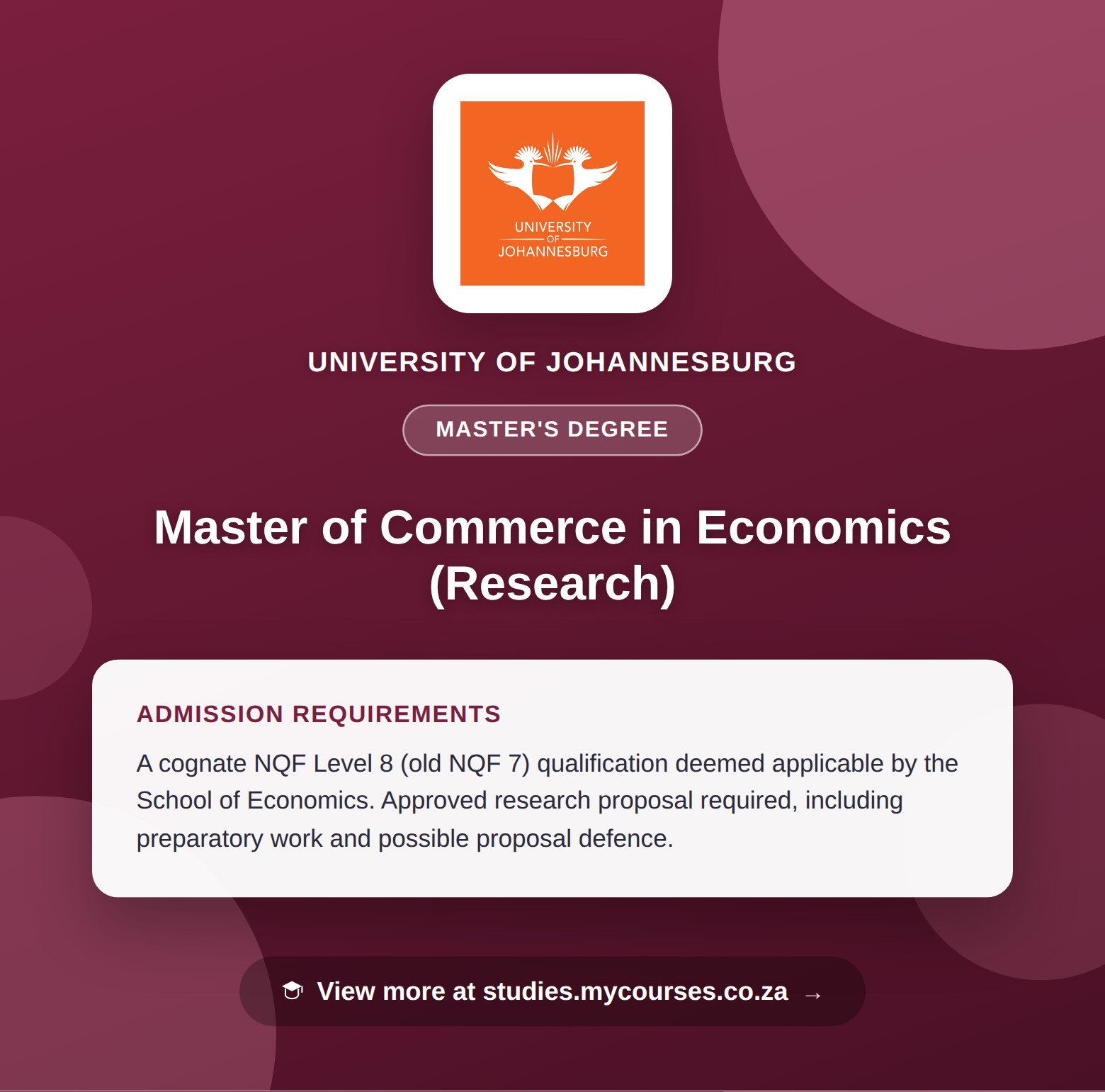Poster showing admission requirements for the Master of Commerce in Economics (Research) master's degree at University of Johannesburg, with a link to studies.mycourses.co.za