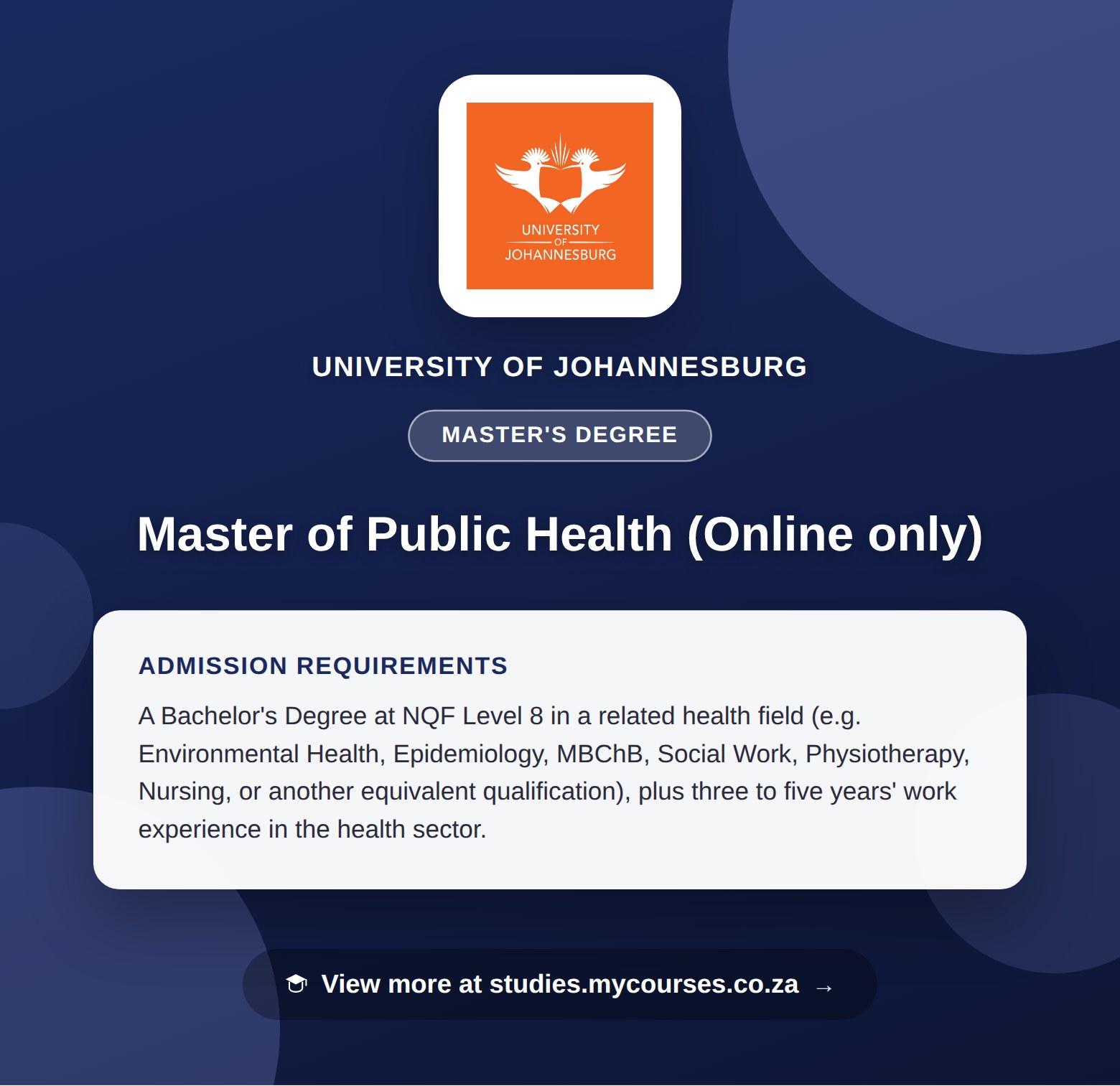 Poster showing admission requirements for the Master of Public Health (Online only) master's degree at University of Johannesburg, with a link to studies.mycourses.co.za