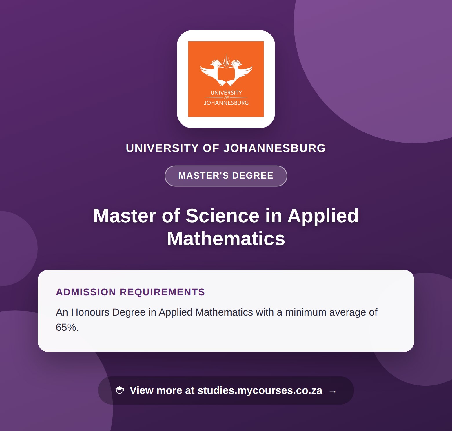 Poster showing admission requirements for the Master of Science in Applied Mathematics master's degree at University of Johannesburg, with a link to studies.mycourses.co.za
