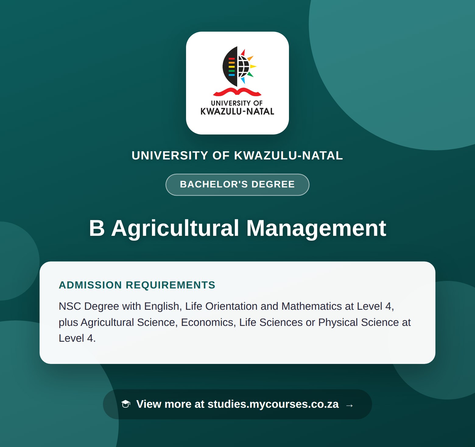 Poster showing admission requirements for the B Agricultural Management bachelor's degree at University of KwaZulu-Natal, with a link to studies.mycourses.co.za