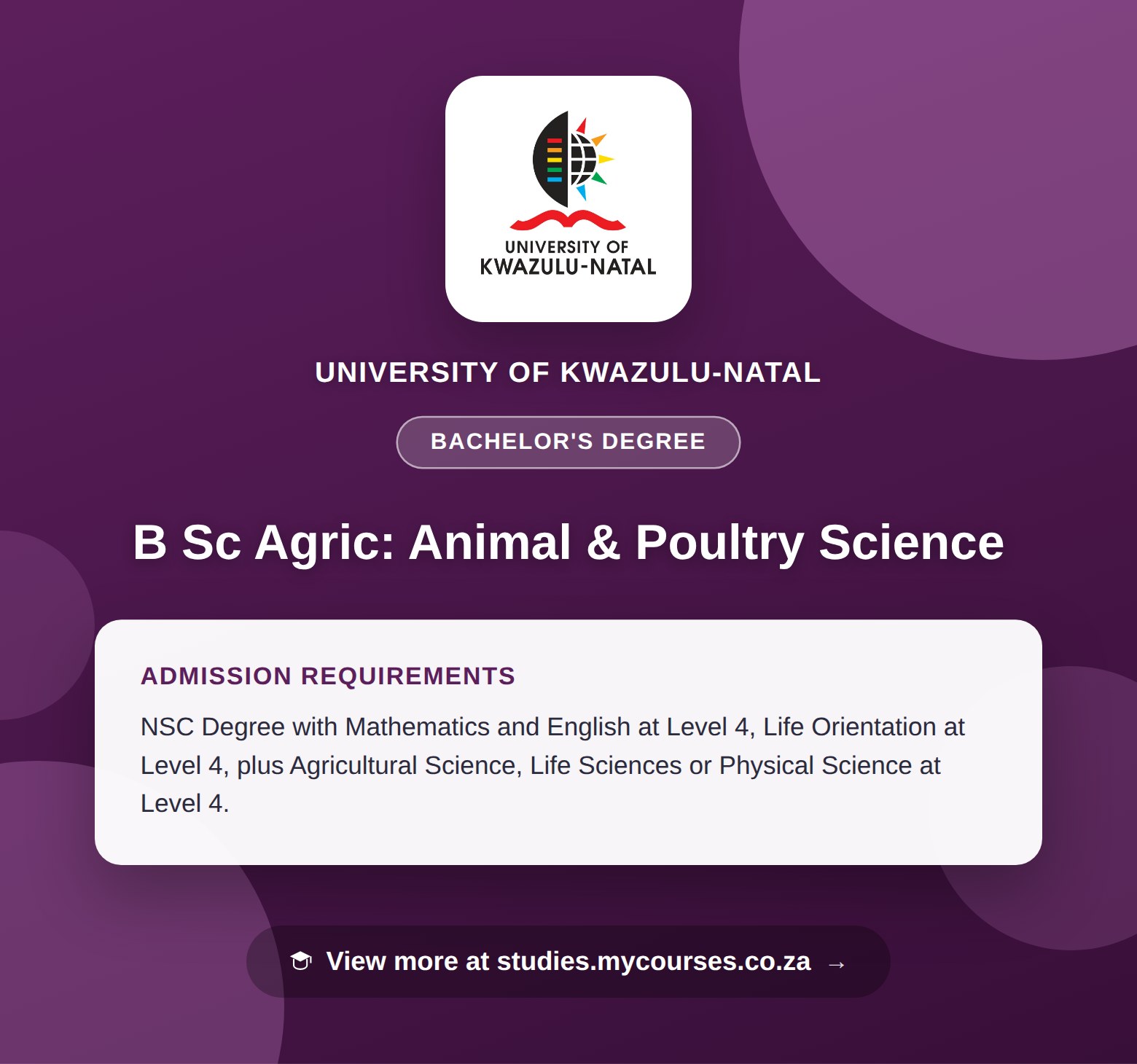 Poster showing admission requirements for the B Sc Agric: Animal & Poultry Science bachelor's degree at University of KwaZulu-Natal, with a link to studies.mycourses.co.za