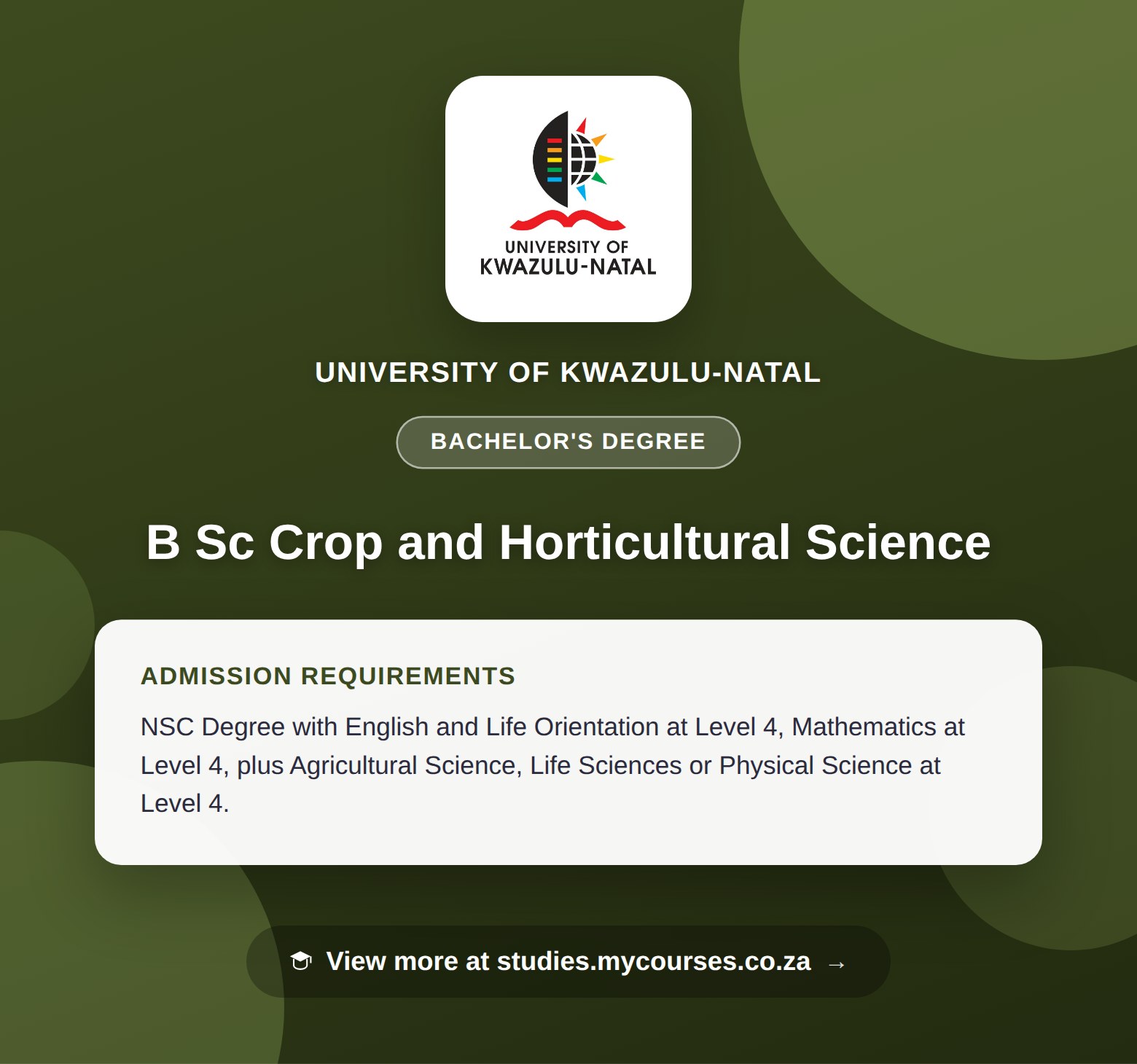 Poster showing admission requirements for the B Sc Crop and Horticultural Science bachelor's degree at University of KwaZulu-Natal, with a link to studies.mycourses.co.za