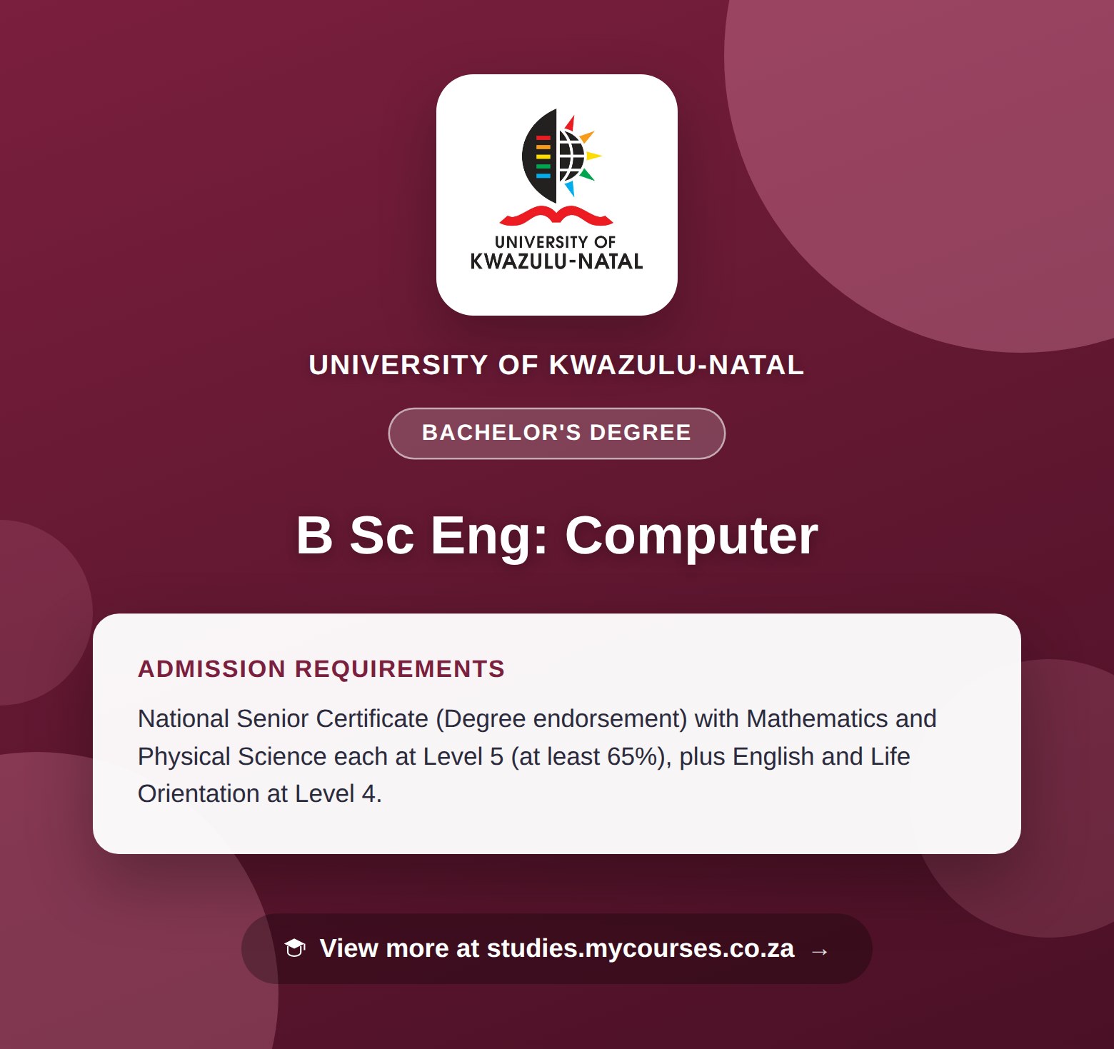 Poster showing admission requirements for the B Sc Eng: Computer bachelor's degree at University of KwaZulu-Natal, with a link to studies.mycourses.co.za