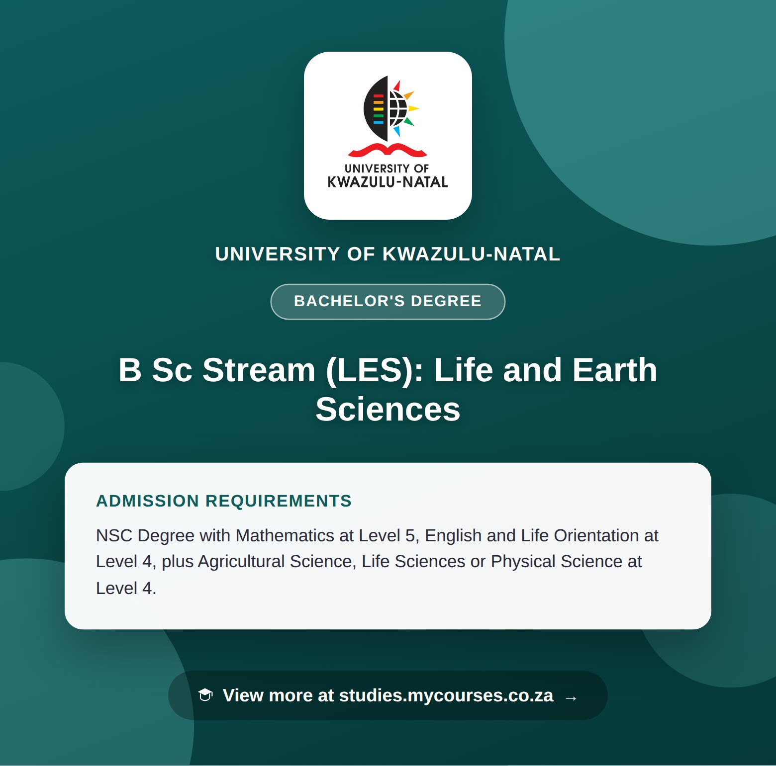 Poster showing admission requirements for the B Sc Stream (LES): Life and Earth Sciences bachelor's degree at University of KwaZulu-Natal, with a link to studies.mycourses.co.za