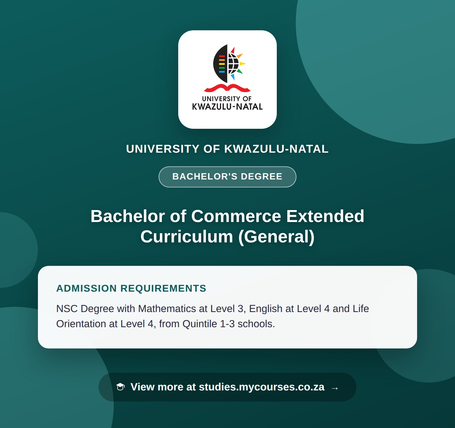 Poster showing admission requirements for the Bachelor of Commerce Extended Curriculum (General) bachelor's degree at University of KwaZulu-Natal, with a link to studies.mycourses.co.za