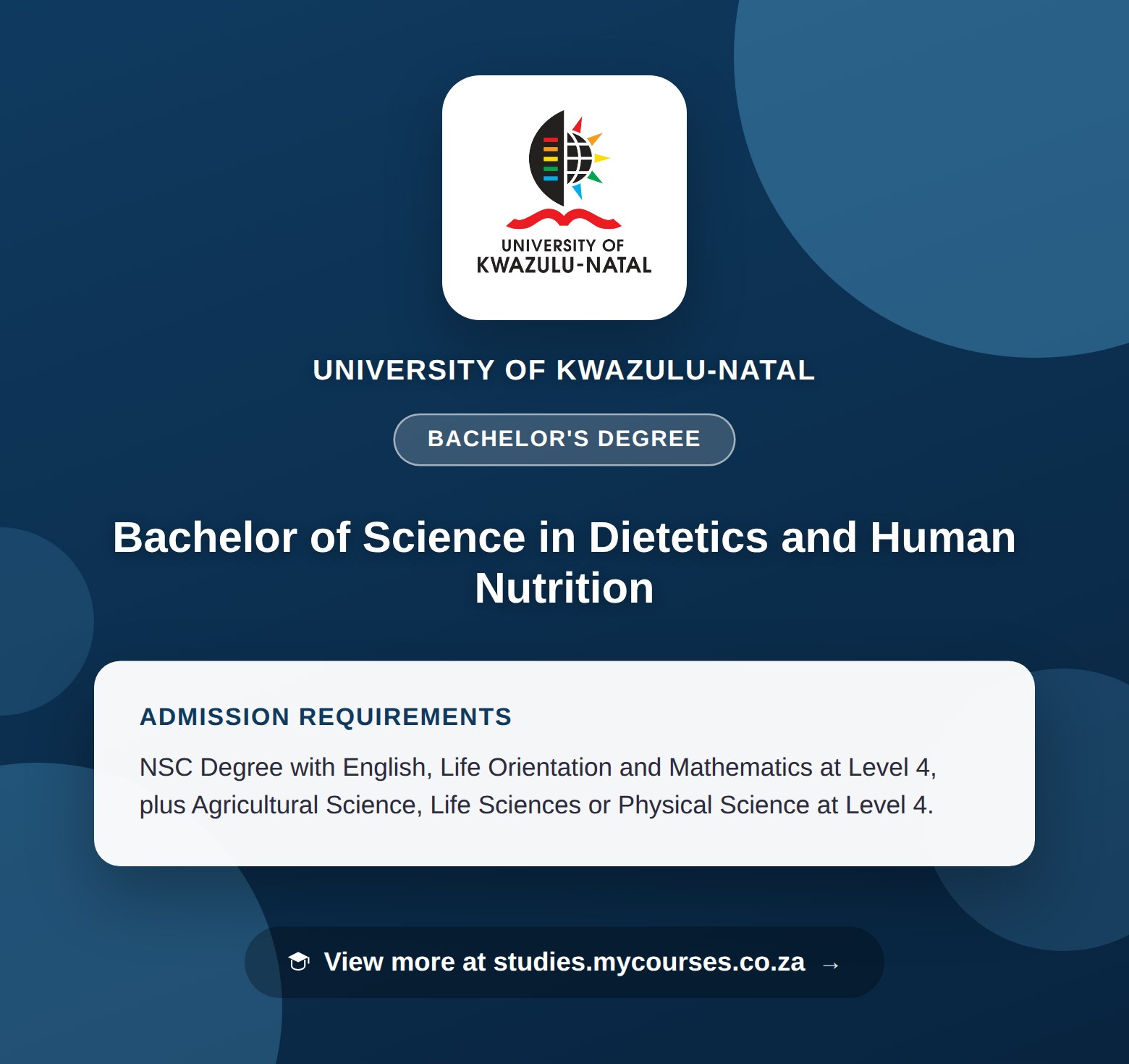 Poster showing admission requirements for the Bachelor of Science in Dietetics and Human Nutrition bachelor's degree at University of KwaZulu-Natal, with a link to studies.mycourses.co.za