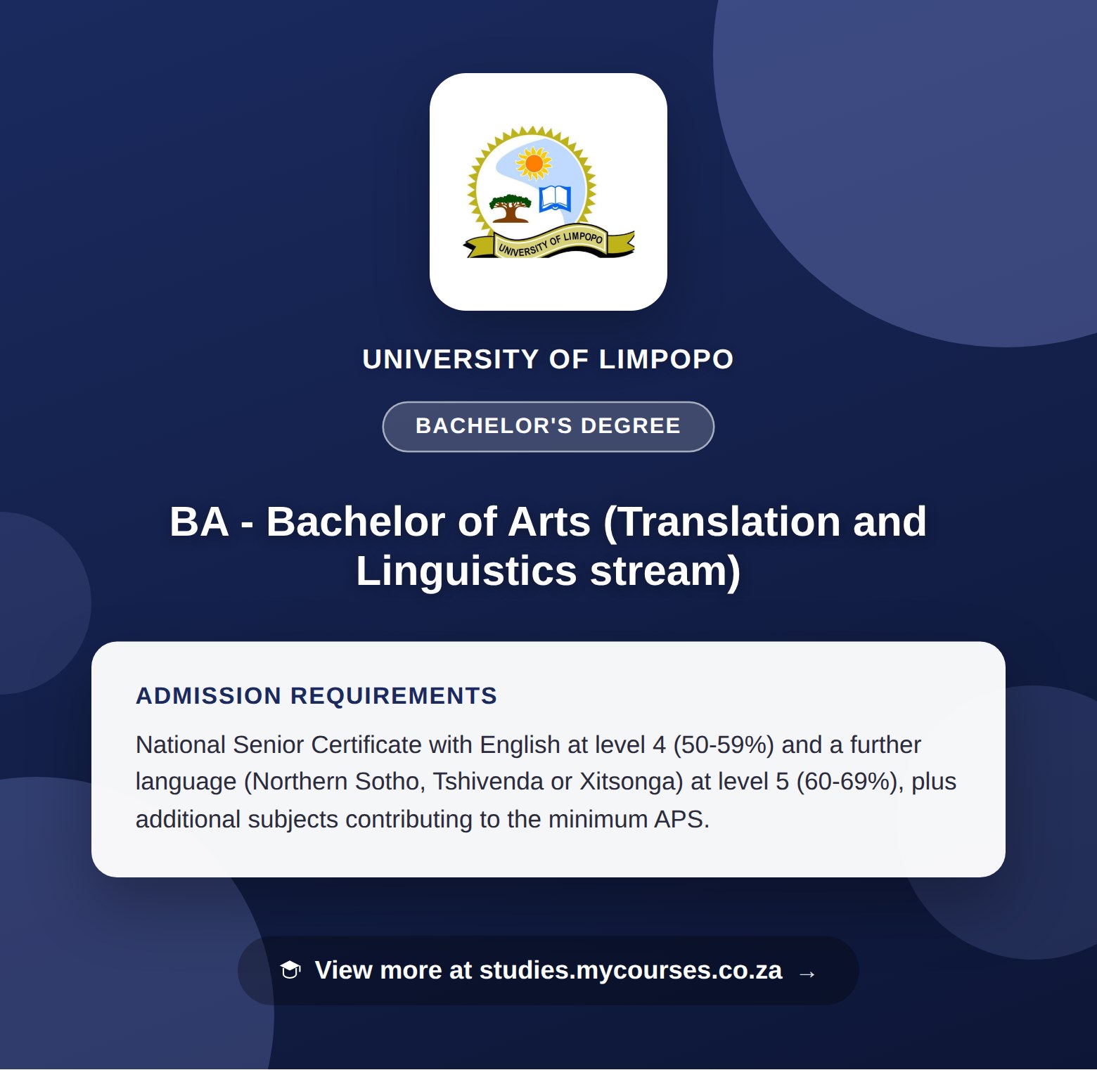 Poster showing admission requirements for the BA - Bachelor of Arts (Translation and Linguistics stream) bachelor's degree at University of Limpopo, with a link to studies.mycourses.co.za
