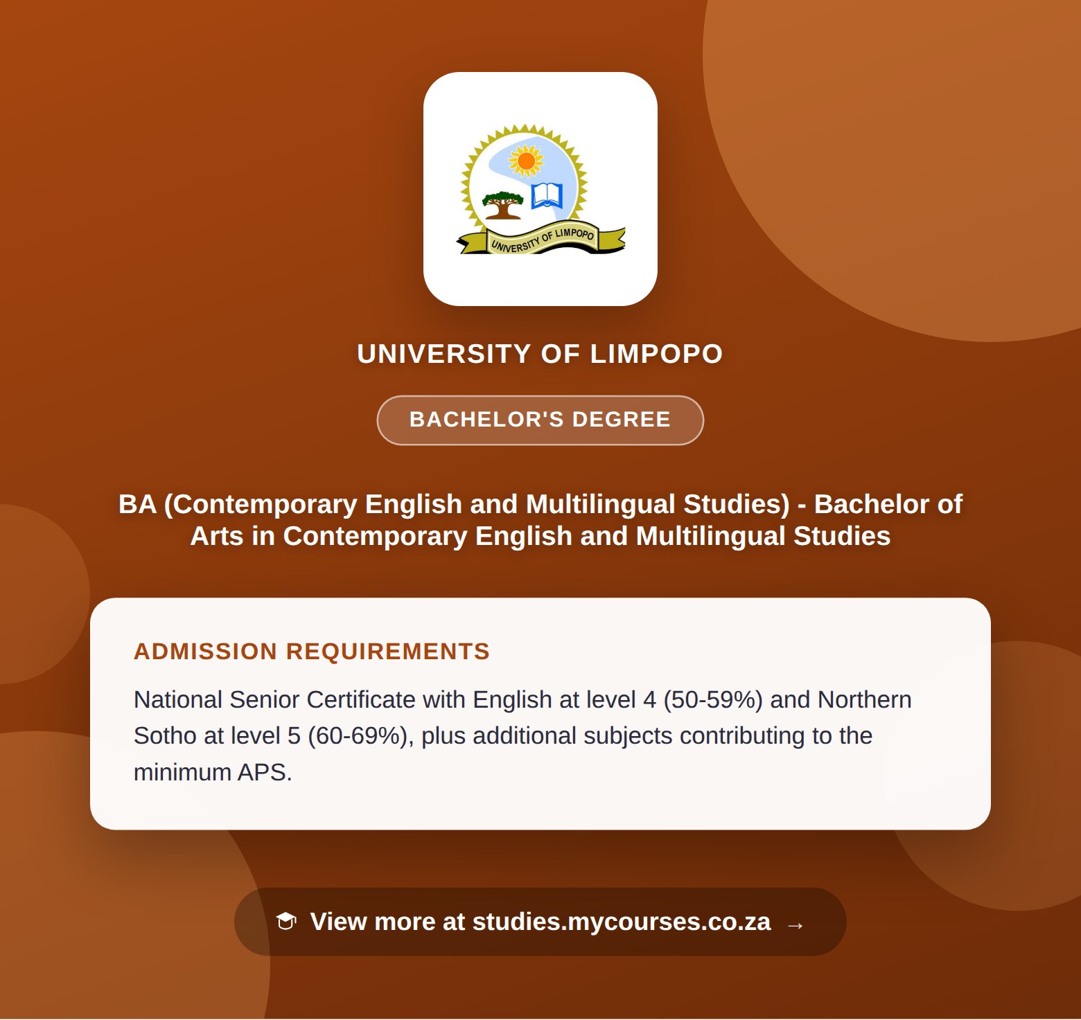 Poster showing admission requirements for the BA (Contemporary English and Multilingual Studies) - Bachelor of Arts in Contemporary English and Multilingual Studies bachelor's degree at University of Limpopo, with a link to studies.mycourses.co.za