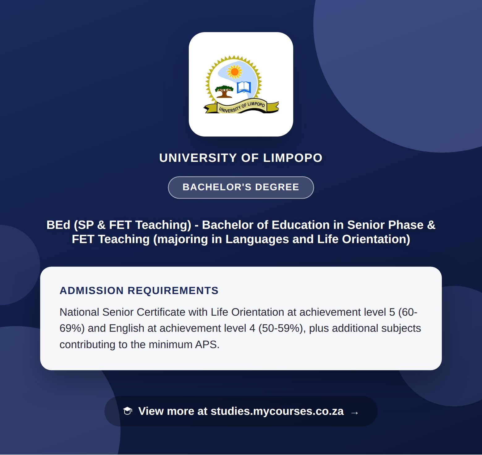 Poster showing admission requirements for the BEd (SP & FET Teaching) - Bachelor of Education in Senior Phase & FET Teaching (majoring in Languages and Life Orientation) bachelor's degree at University of Limpopo, with a link to studies.mycourses.co.za