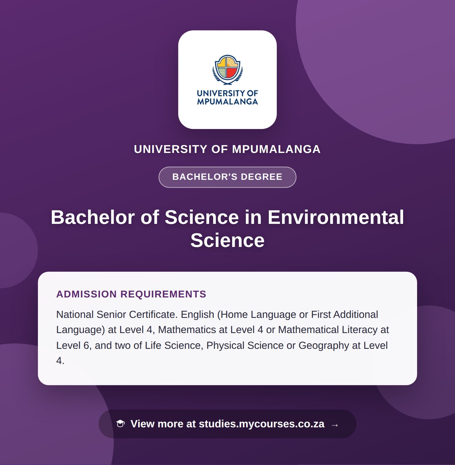 Poster showing admission requirements for the Bachelor of Science in Environmental Science bachelor's degree at University of Mpumalanga, with a link to studies.mycourses.co.za