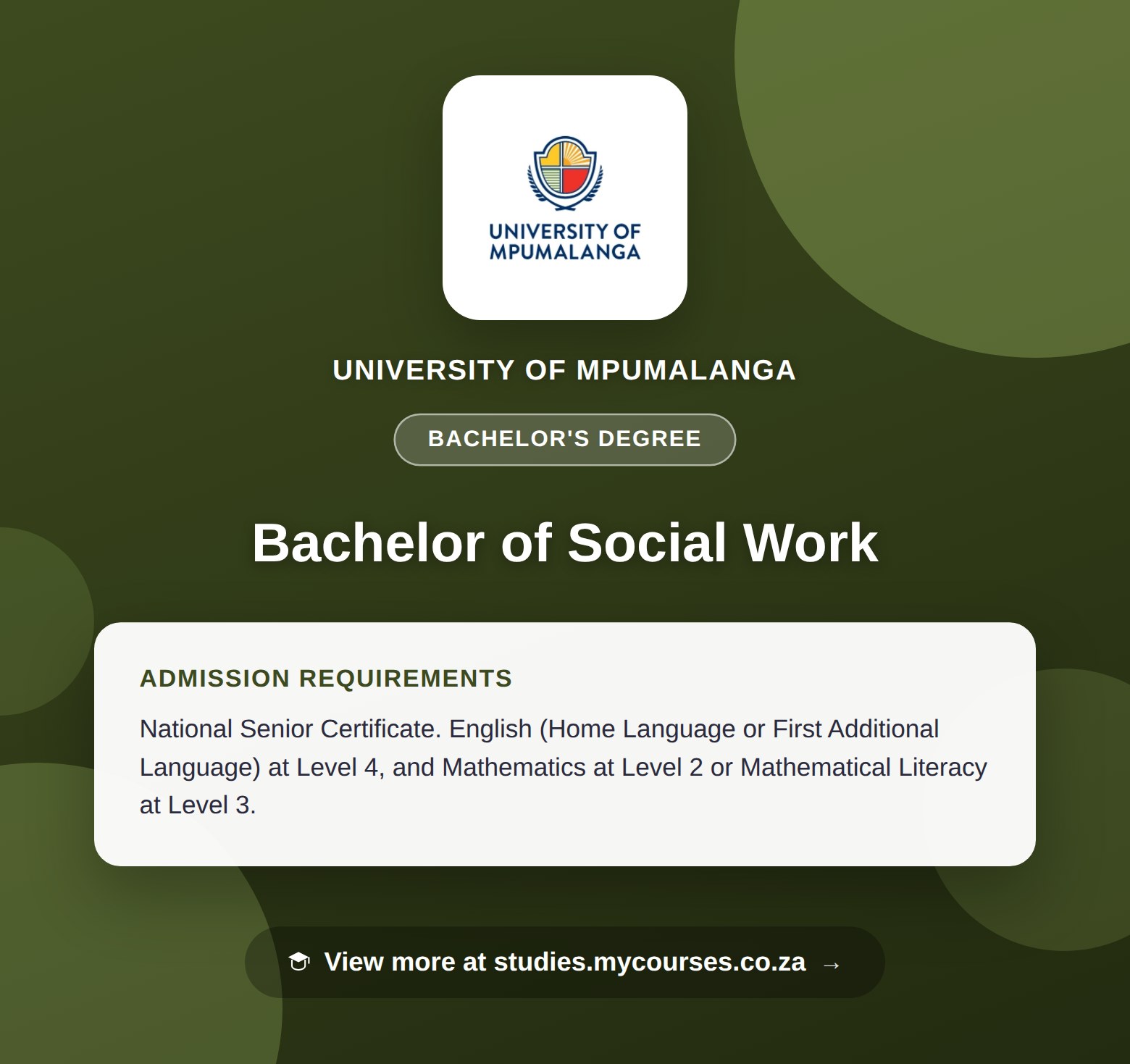 Poster showing admission requirements for the Bachelor of Social Work bachelor's degree at University of Mpumalanga, with a link to studies.mycourses.co.za