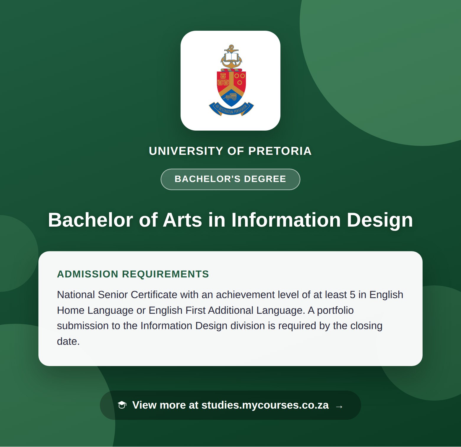 Poster showing admission requirements for the Bachelor of Arts in Information Design bachelor's degree at University of Pretoria, with a link to studies.mycourses.co.za