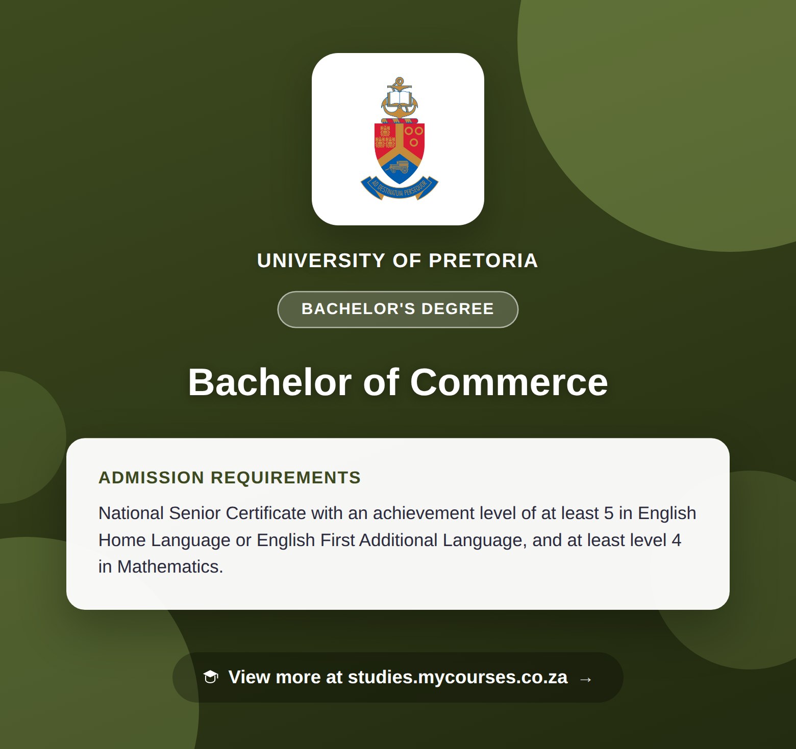 Poster showing admission requirements for the Bachelor of Commerce bachelor's degree at University of Pretoria, with a link to studies.mycourses.co.za