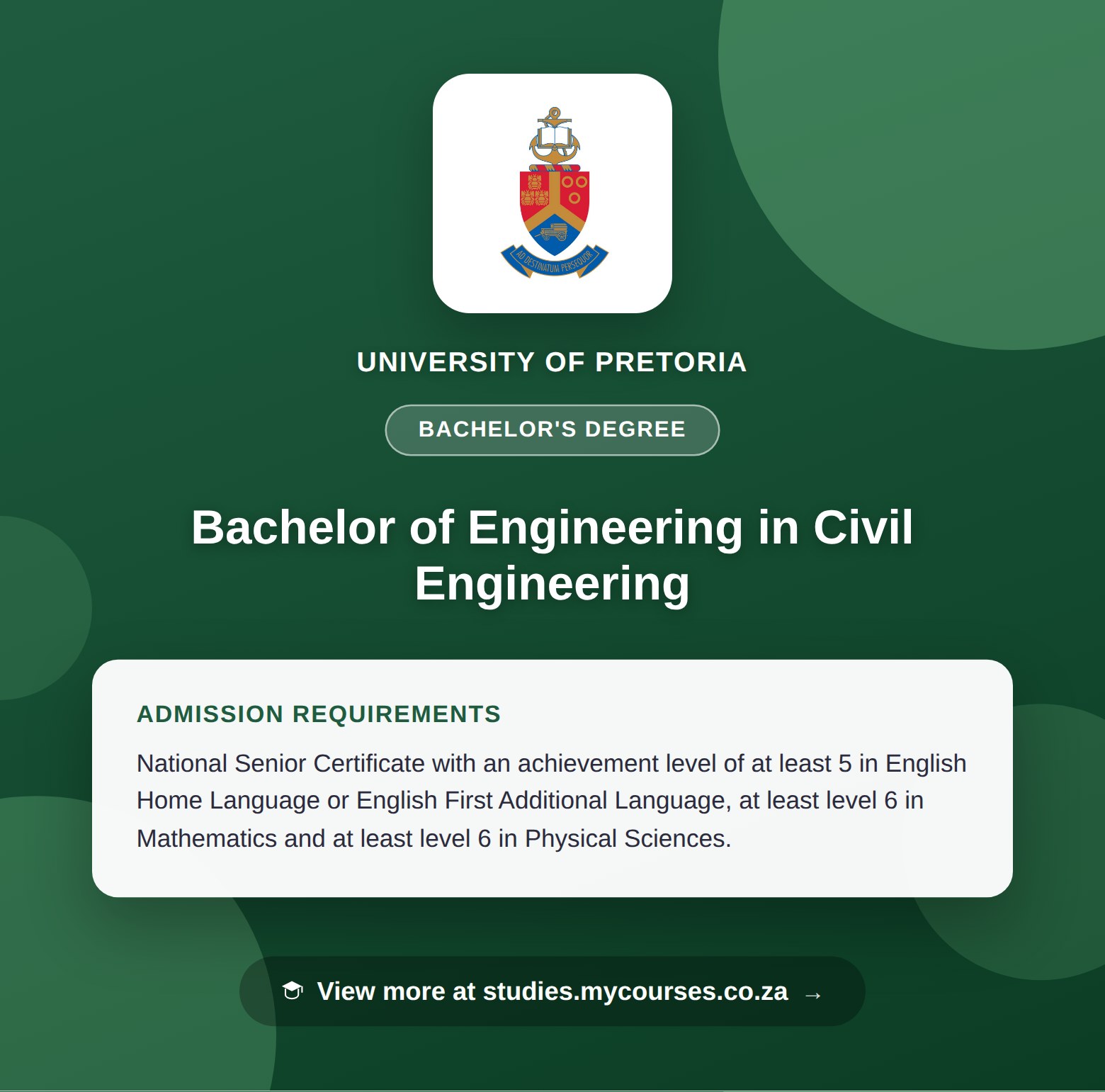 Poster showing admission requirements for the Bachelor of Engineering in Civil Engineering bachelor's degree at University of Pretoria, with a link to studies.mycourses.co.za
