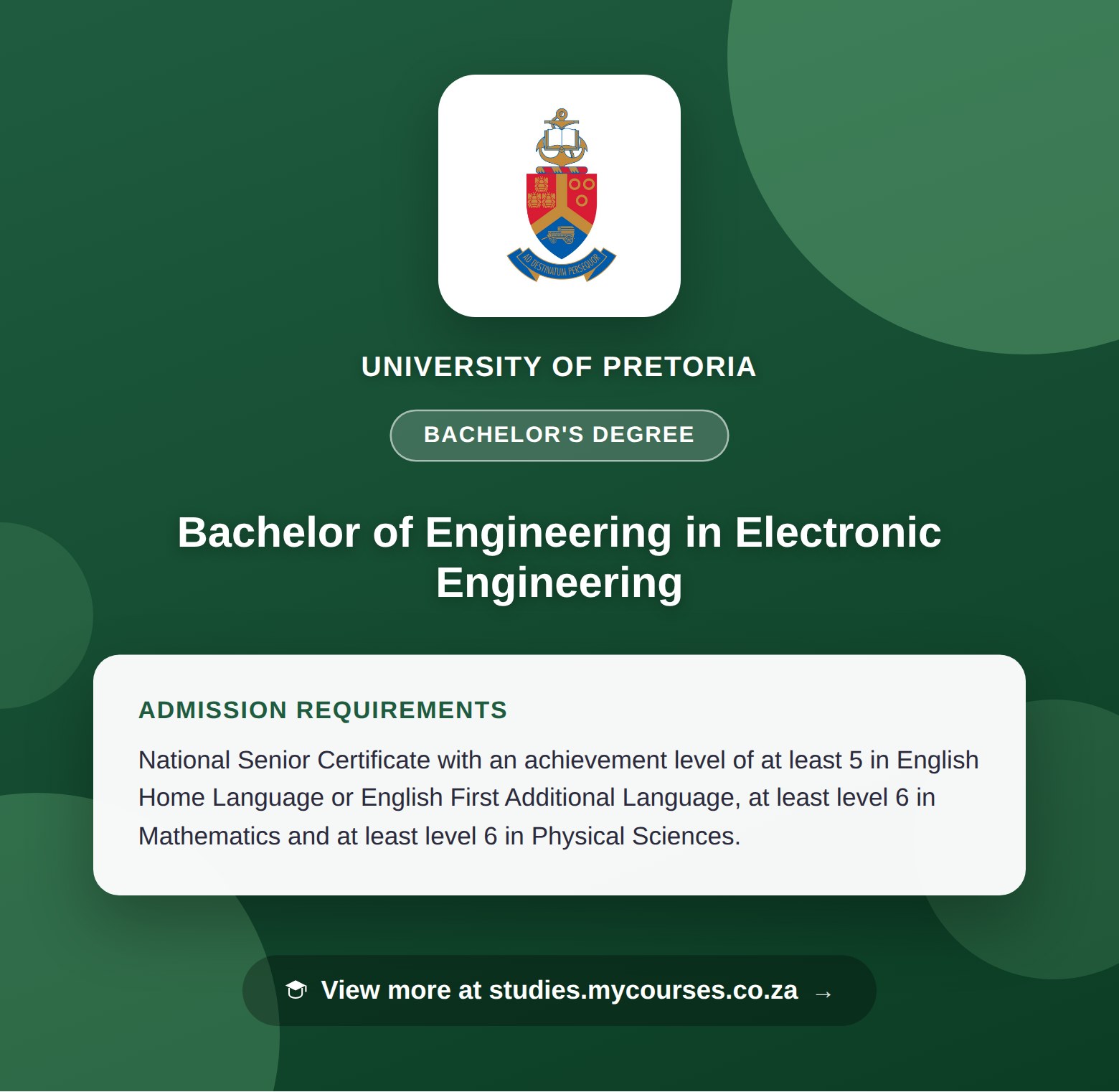 Poster showing admission requirements for the Bachelor of Engineering in Electronic Engineering bachelor's degree at University of Pretoria, with a link to studies.mycourses.co.za