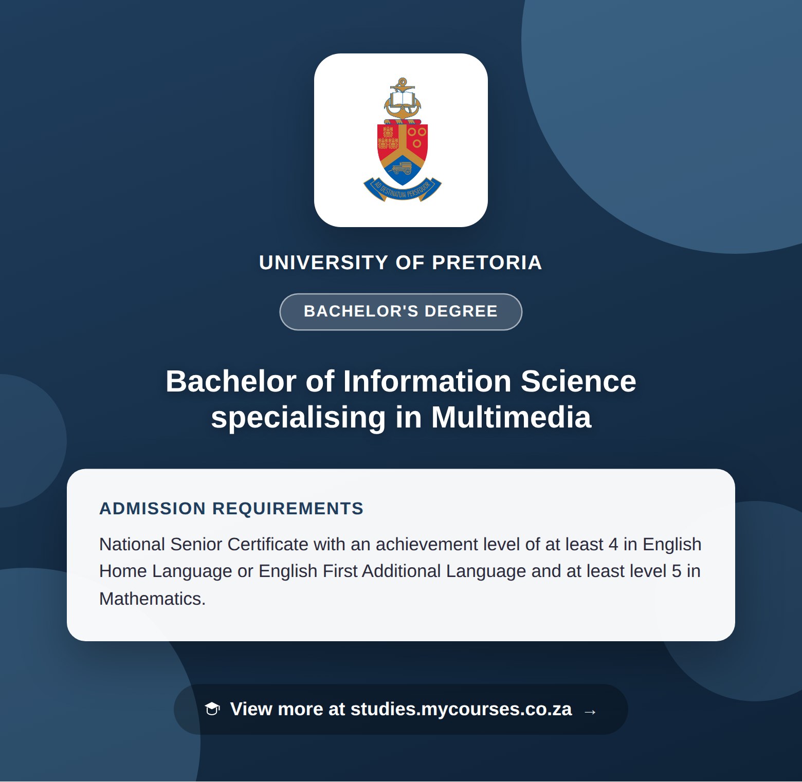 Poster showing admission requirements for the Bachelor of Information Science specialising in Multimedia bachelor's degree at University of Pretoria, with a link to studies.mycourses.co.za
