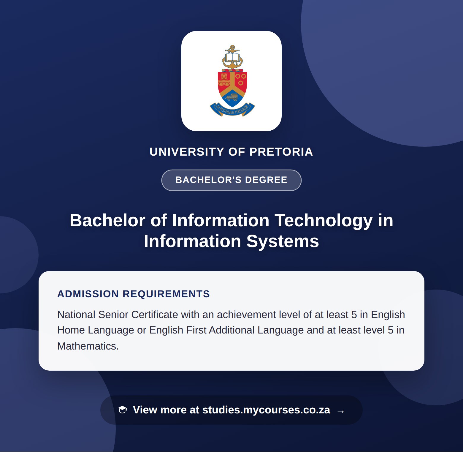 Poster showing admission requirements for the Bachelor of Information Technology in Information Systems bachelor's degree at University of Pretoria, with a link to studies.mycourses.co.za