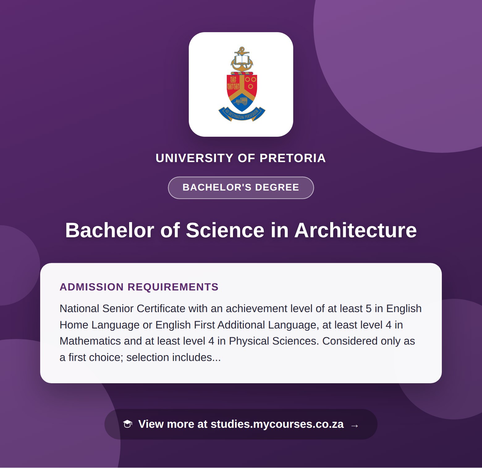 Poster showing admission requirements for the Bachelor of Science in Architecture bachelor's degree at University of Pretoria, with a link to studies.mycourses.co.za