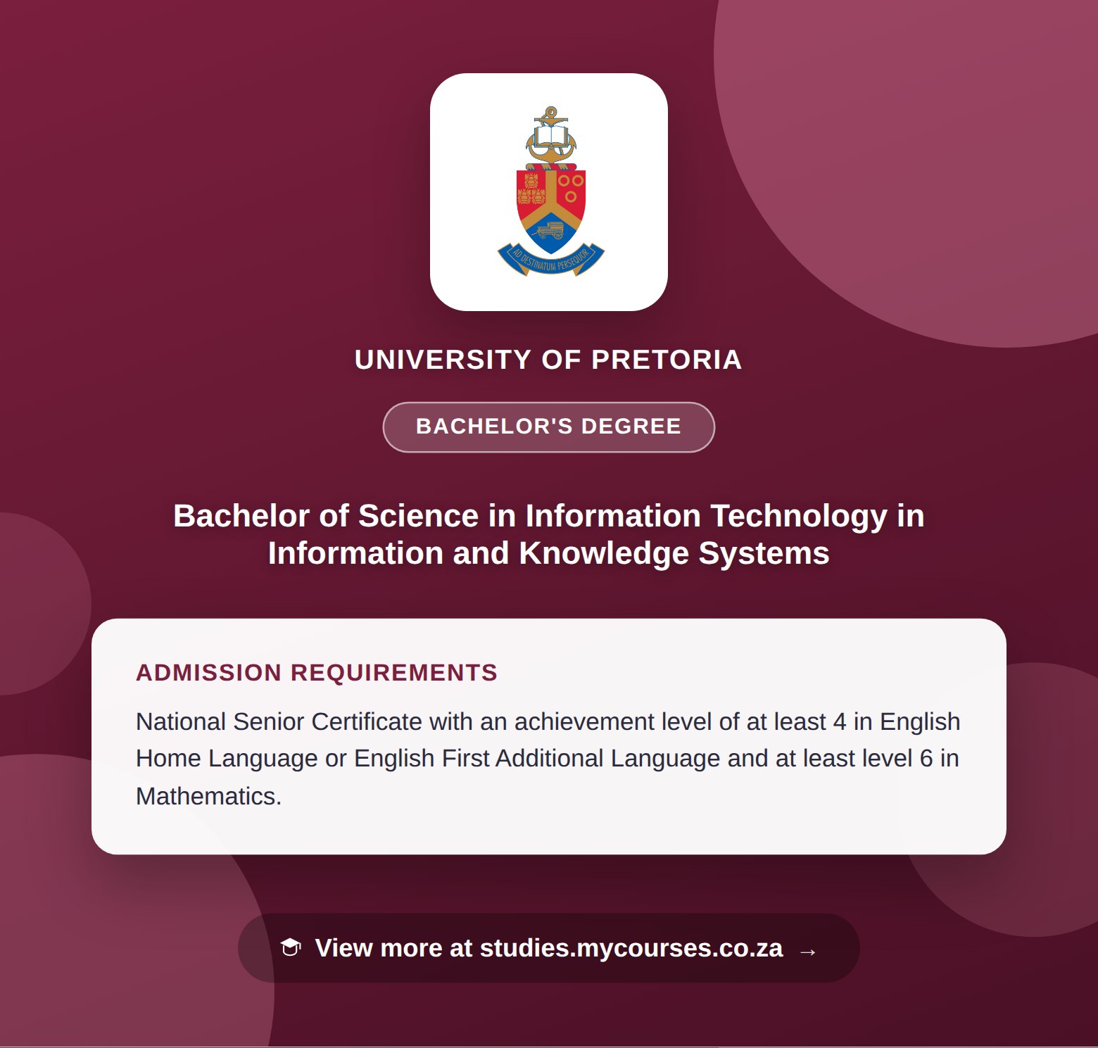 Poster showing admission requirements for the Bachelor of Science in Information Technology in Information and Knowledge Systems bachelor's degree at University of Pretoria, with a link to studies.mycourses.co.za