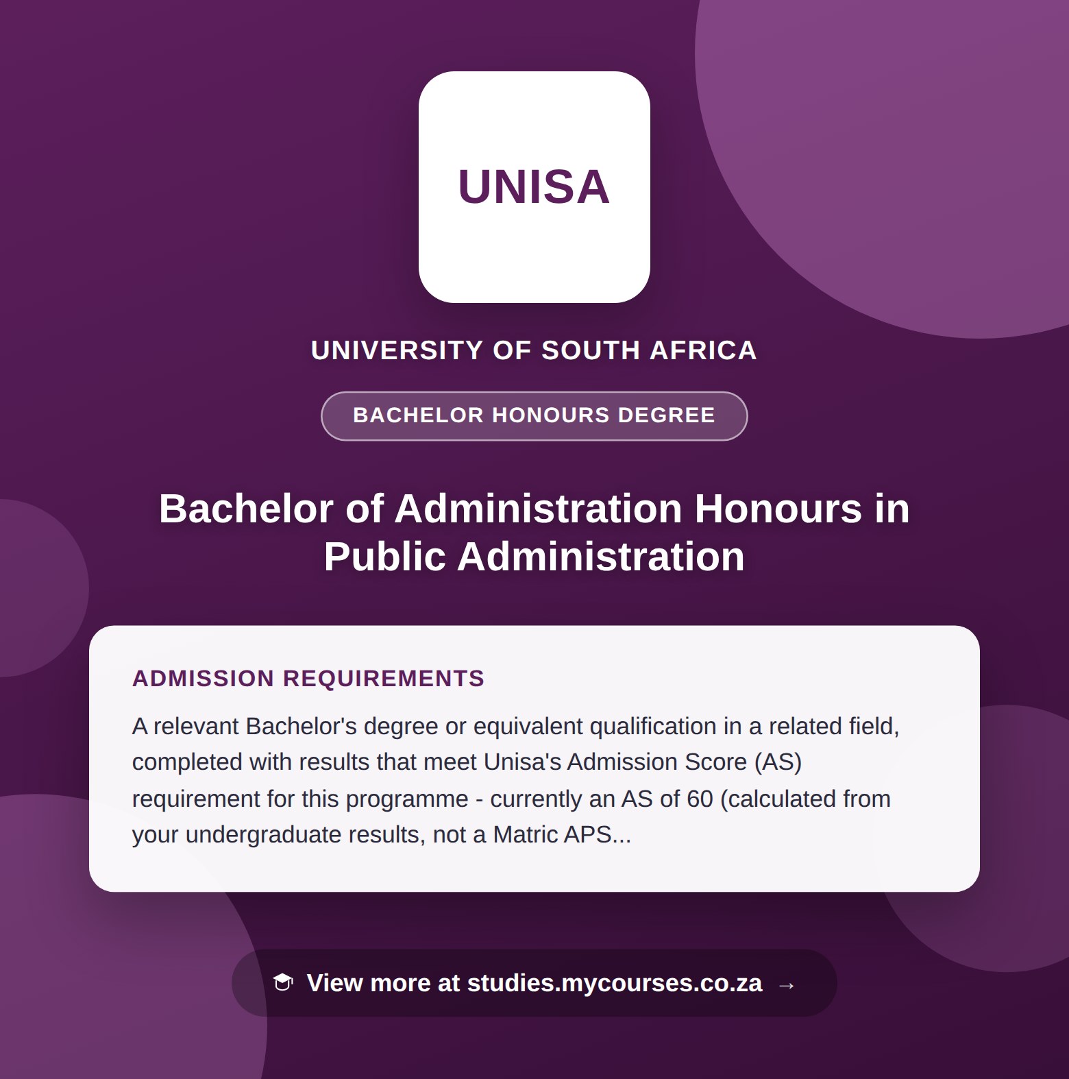 Poster showing admission requirements for the Bachelor of Administration Honours in Public Administration bachelor honours degree at University of South Africa, with a link to studies.mycourses.co.za