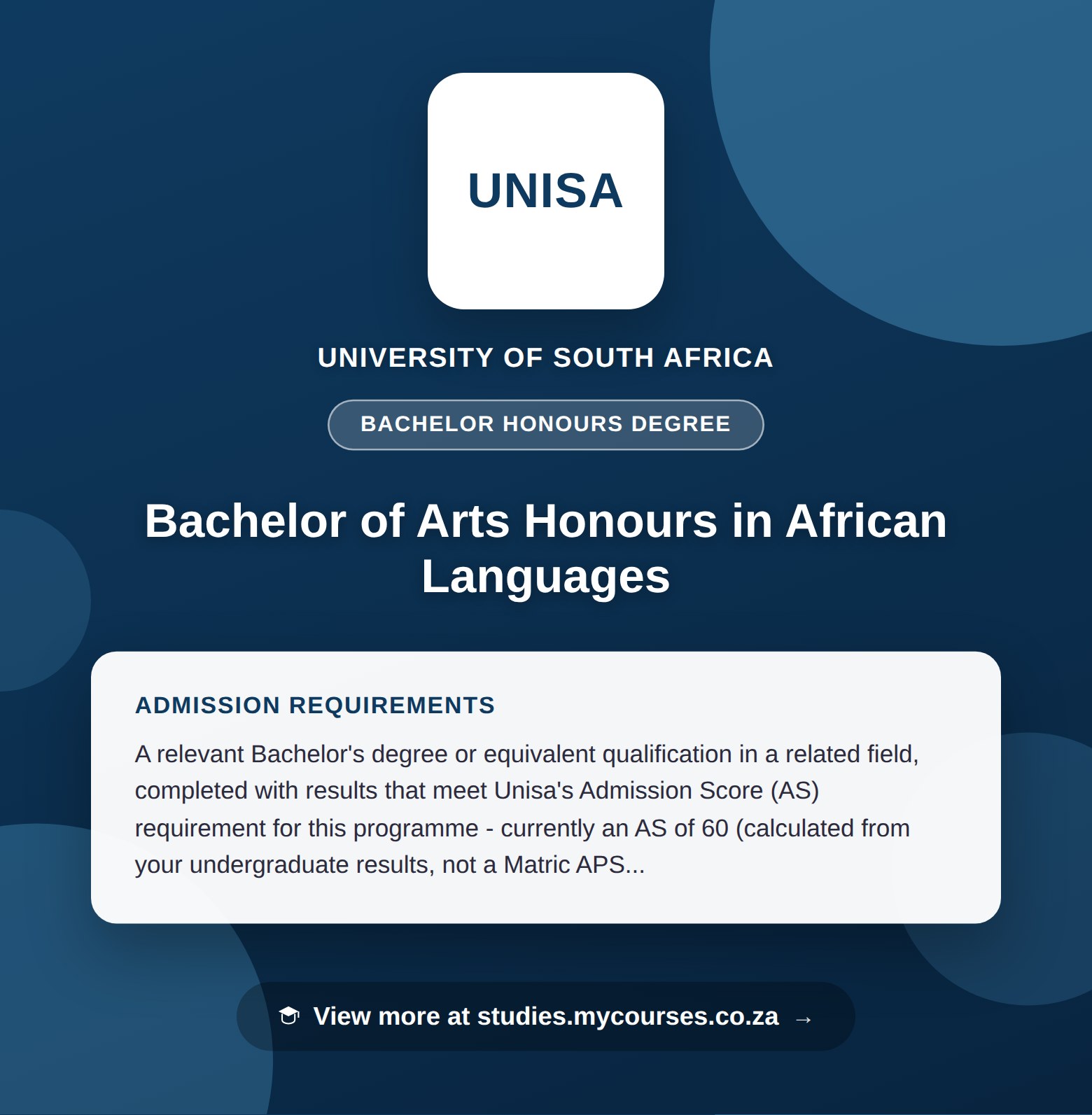 Poster showing admission requirements for the Bachelor of Arts Honours in African Languages bachelor honours degree at University of South Africa, with a link to studies.mycourses.co.za