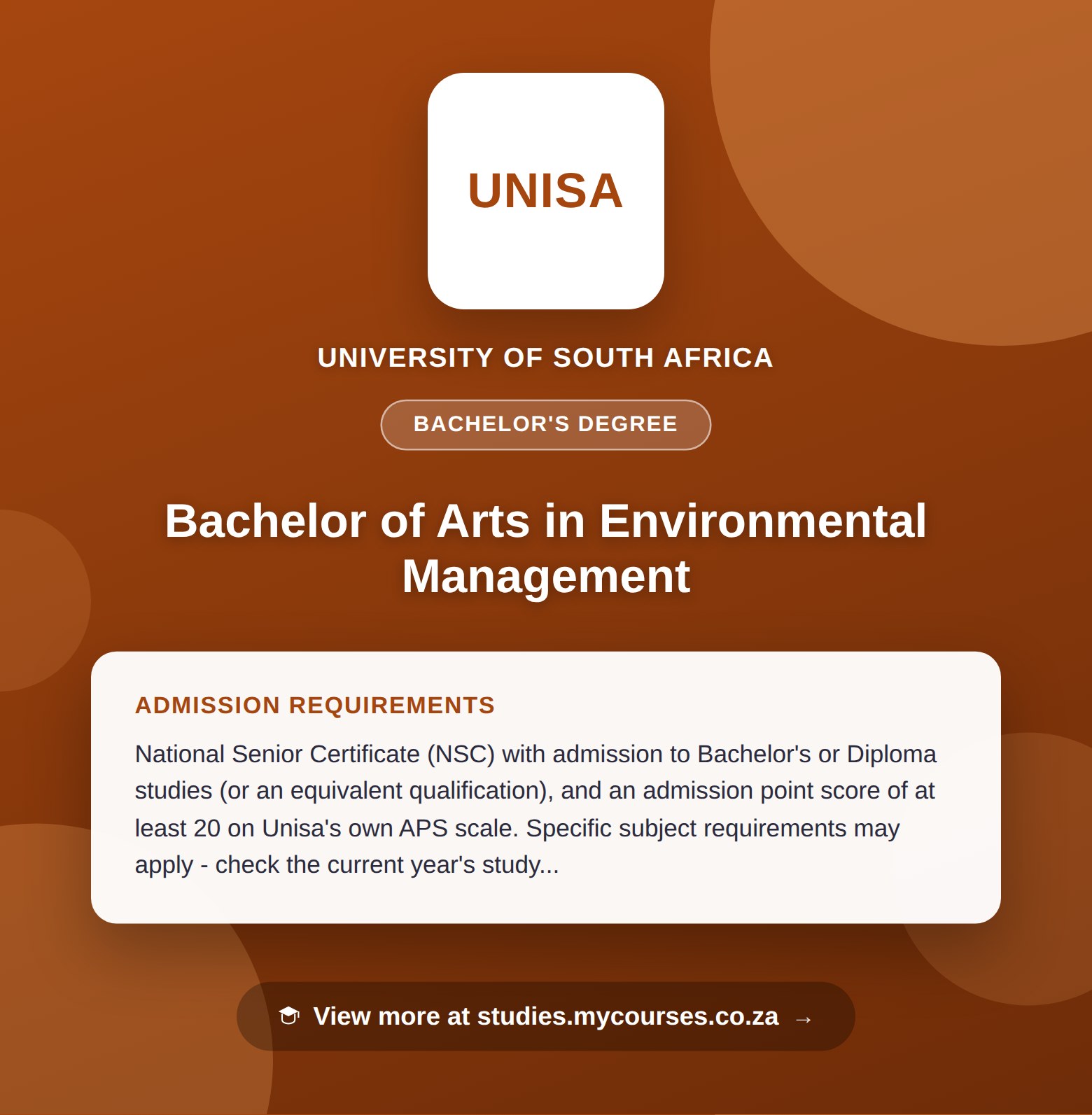 Poster showing admission requirements for the Bachelor of Arts in Environmental Management bachelor's degree at University of South Africa, with a link to studies.mycourses.co.za