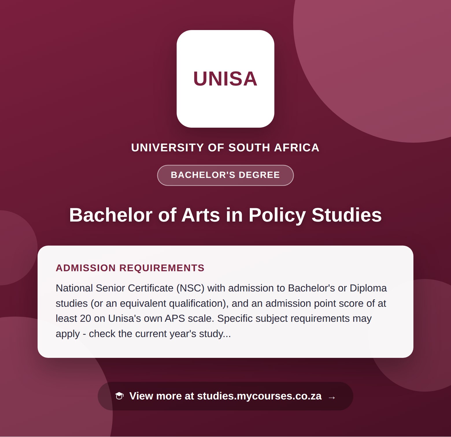 Poster showing admission requirements for the Bachelor of Arts in Policy Studies bachelor's degree at University of South Africa, with a link to studies.mycourses.co.za