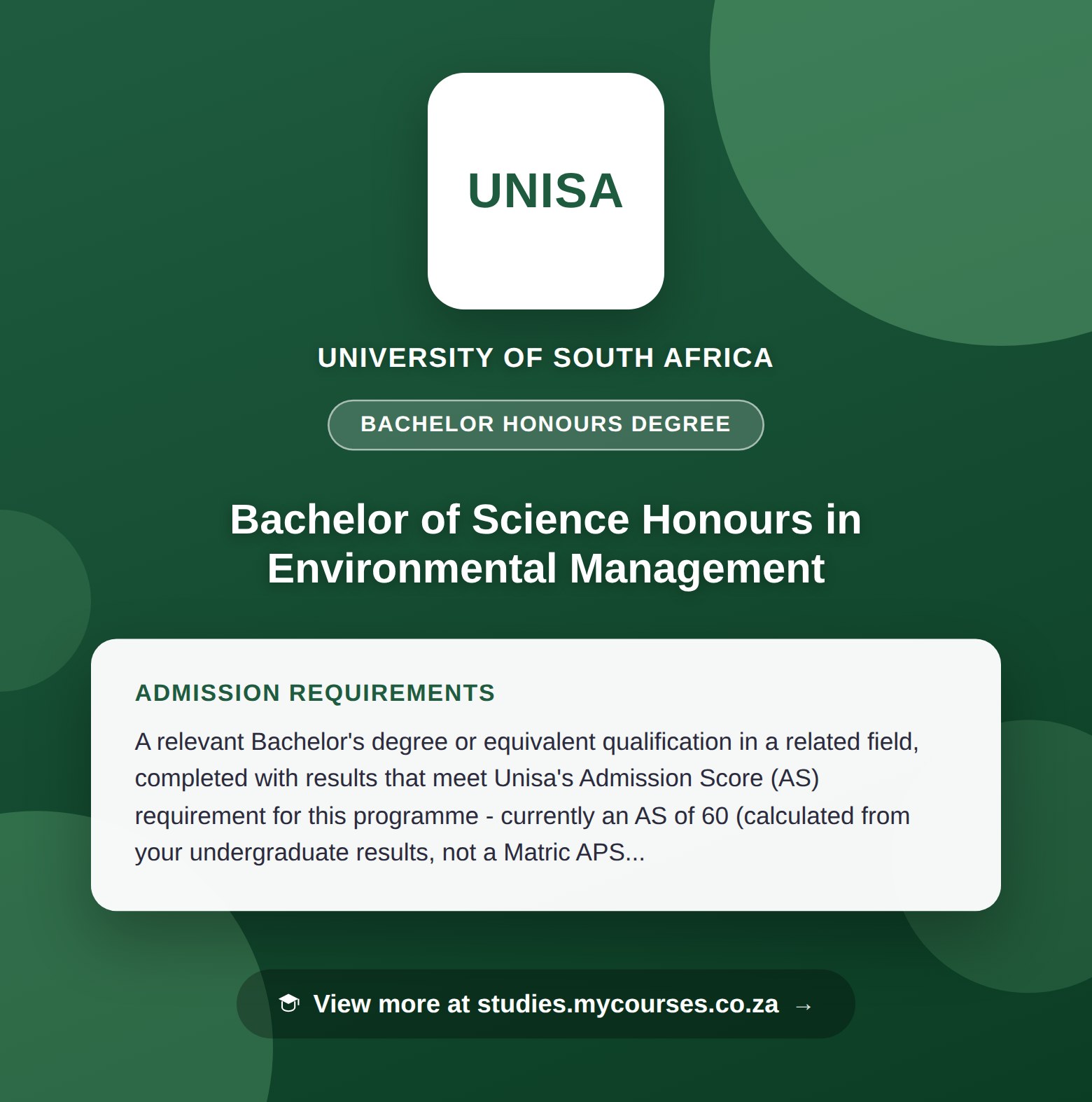 Poster showing admission requirements for the Bachelor of Science Honours in Environmental Management bachelor honours degree at University of South Africa, with a link to studies.mycourses.co.za